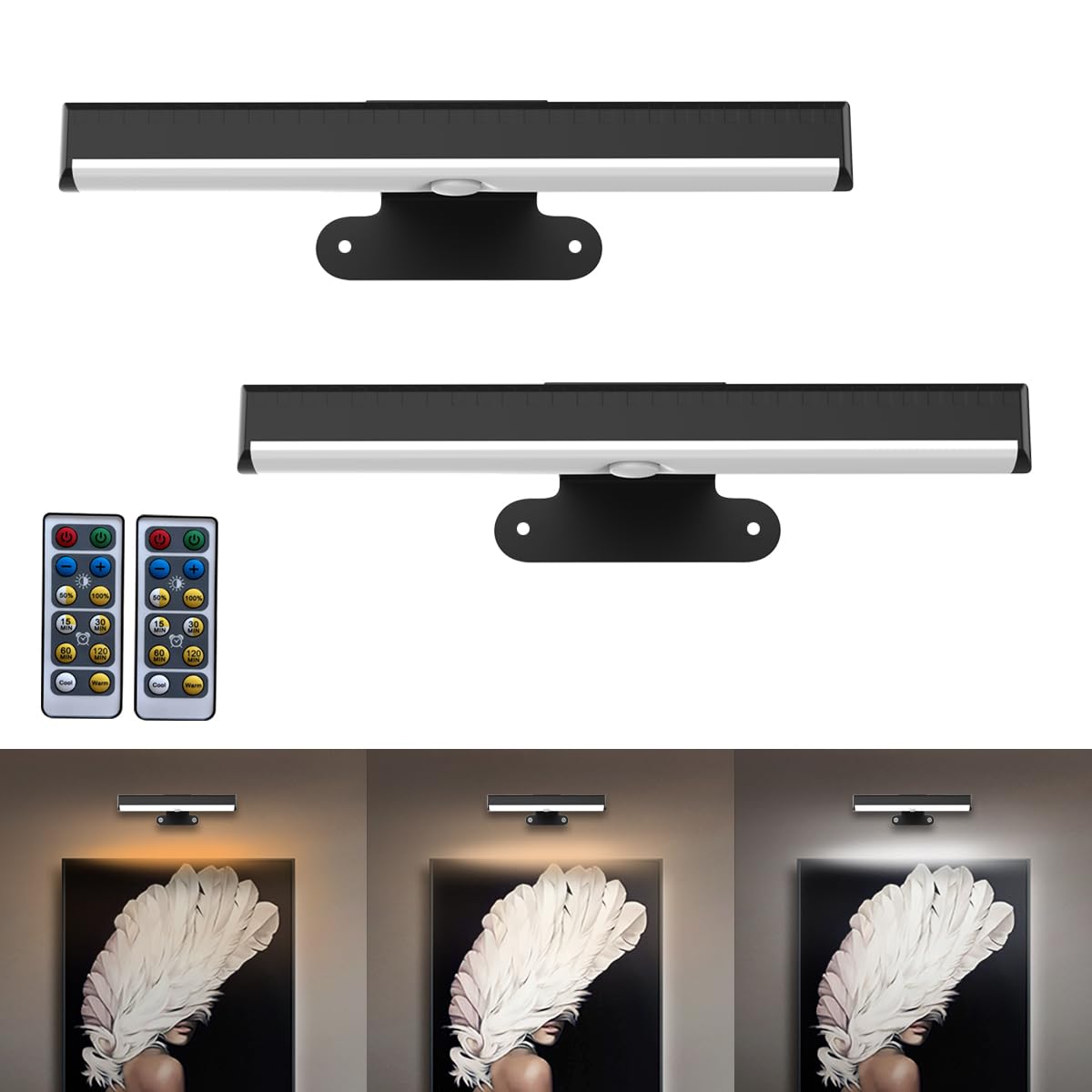 2Pack Picture Light Led Battery Operated Wall Light For Paintings,Wireless Dimmable Frame Light With Remote,3 Lighting Display A