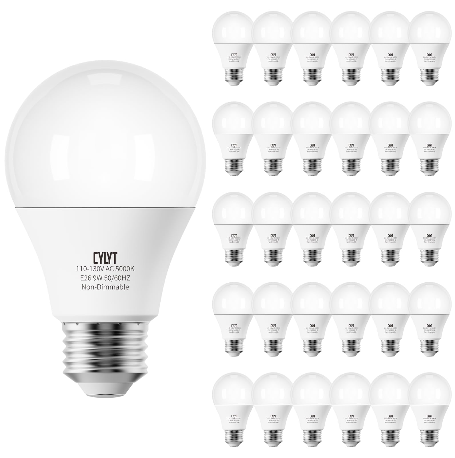 CYLYT Light Bulbs 60 Watt Equivalent Solt White 5000K, E26 A19 LED Light Bulb 9W 800 Lumen, Focos LED para Casa, 120V 60HZ Lightbulbs for Indoor Outdoor, Non-Dimmable, 30-Pack