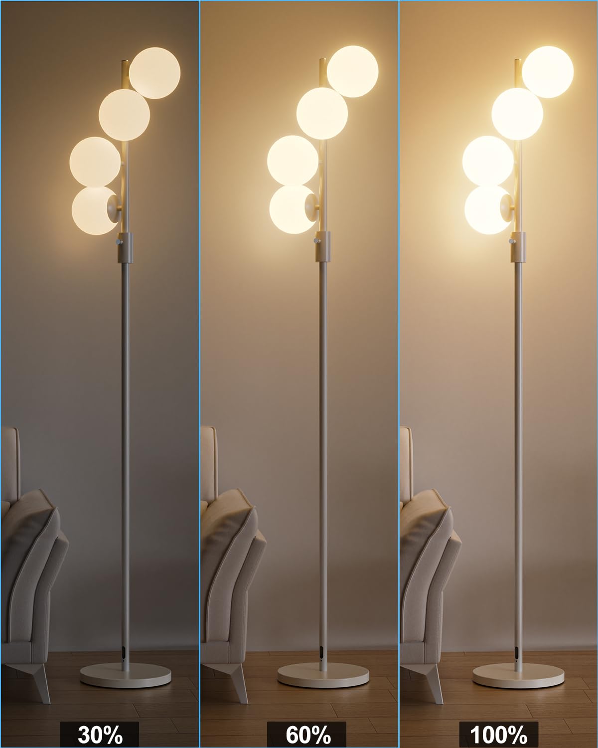 Lightdot 64In Dimmable Globe Floor Lamp With 4 G9 Bulbs, Mid Century Modern, White