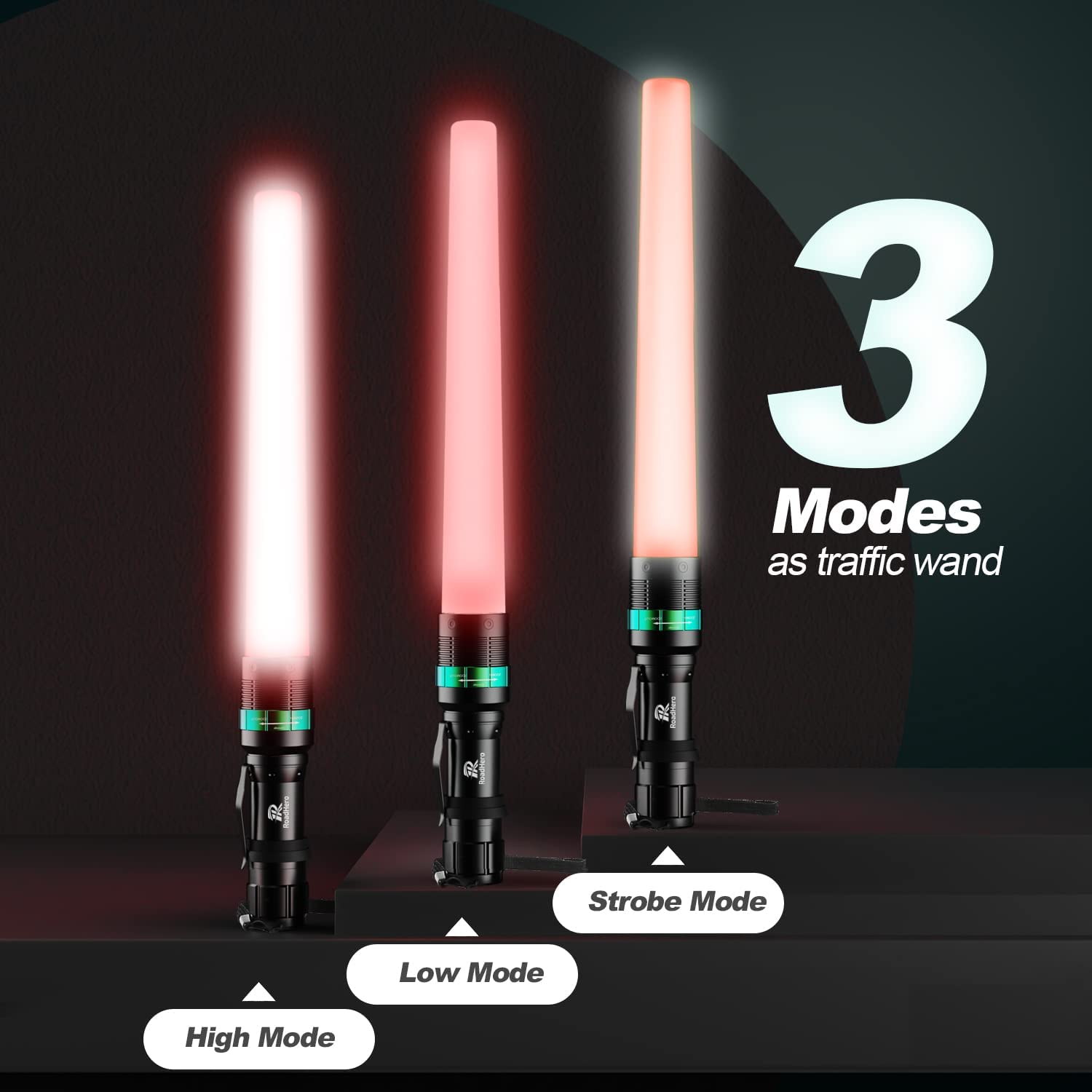 RoadHero Traffic Wand 2 Pack, 16" LED Flashlight Baton, Orange Safety Wands, 5 Flashing Modes, Air Marshaling Light