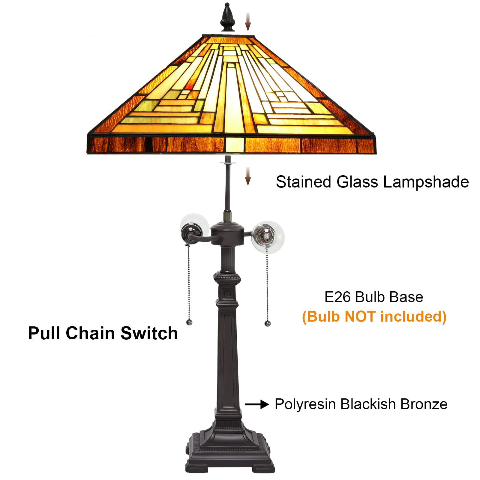 Capulina Large Tiffany Table Lamp 3-Light With Nightlight 16X16X25 Inches Mother-Daughter Vase Mission Green Amber Style Stained Glass Desk Light For Home Living Room Bedroom