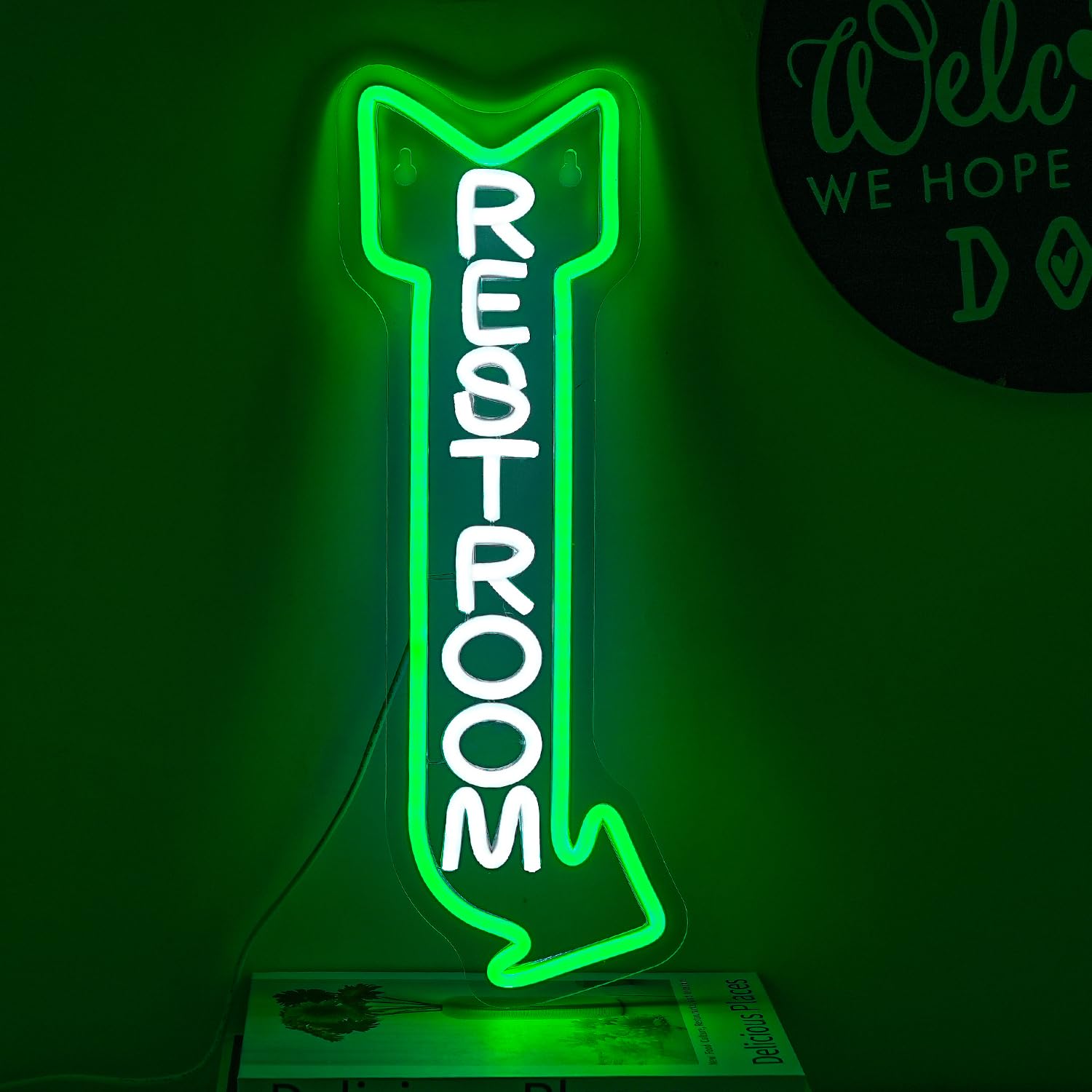 Alkkign Neon Sign for Restroom Decor - Cool White & Green Acrylic Light - Right Arrow for Bathroom, Hotels, Bars, Homes