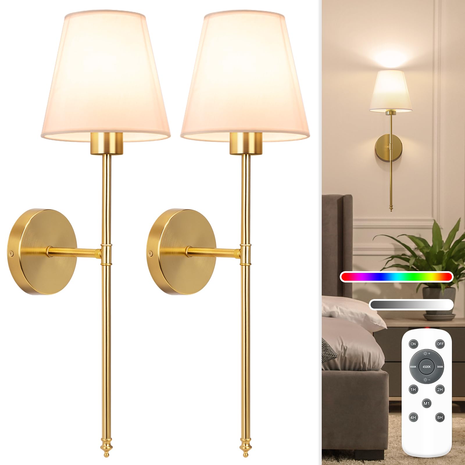 NIORSUN Battery Operated Wall Sconce Set of 2, Gold, 24 inch, Metal, Model SW013, Dimmable Bulbs, Remote, 10 Colors