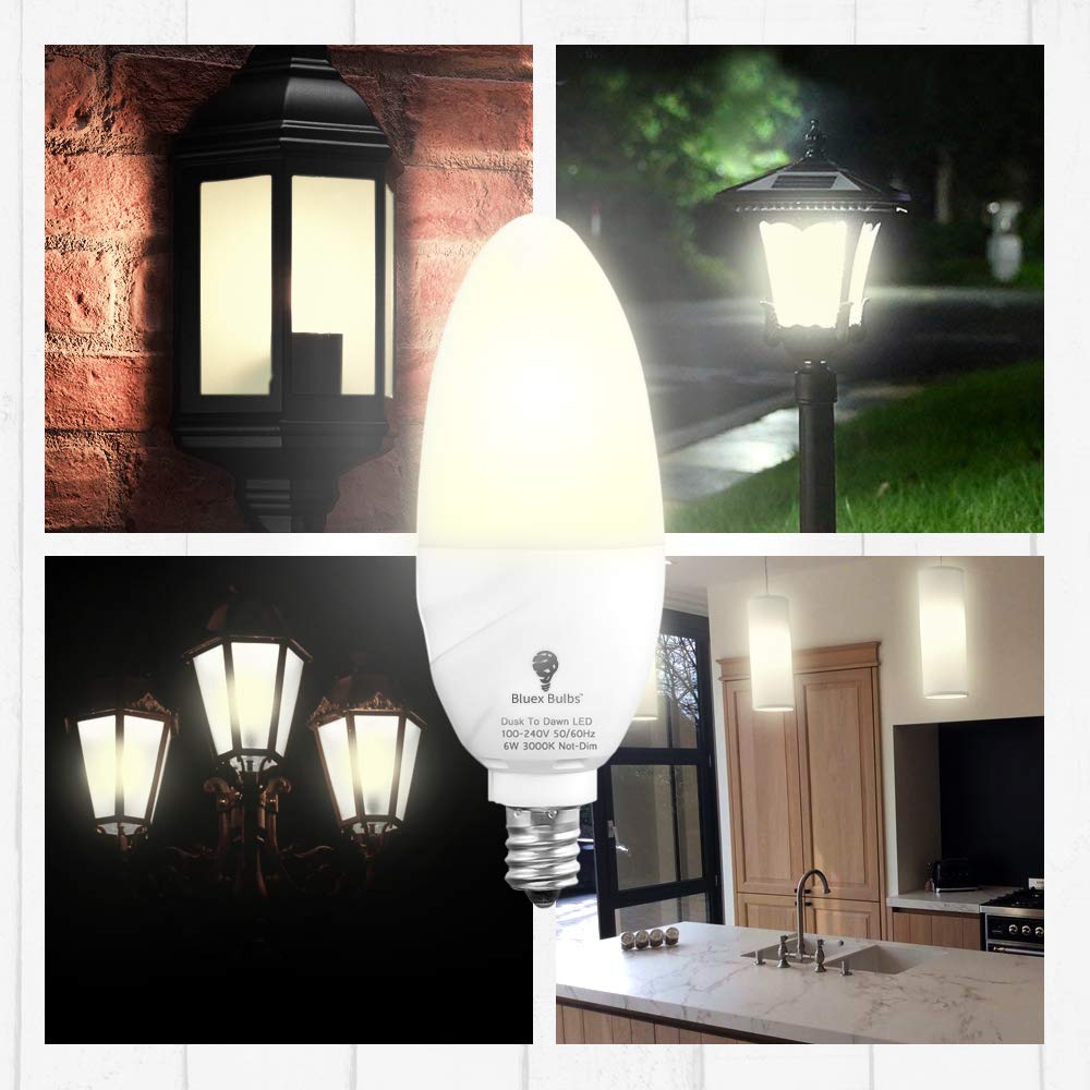 Bluex Bulbs 6 Pack Dusk to Dawn LED Candelabra Bulbs, 6W E12 Base, 3000K Warm White, Glass