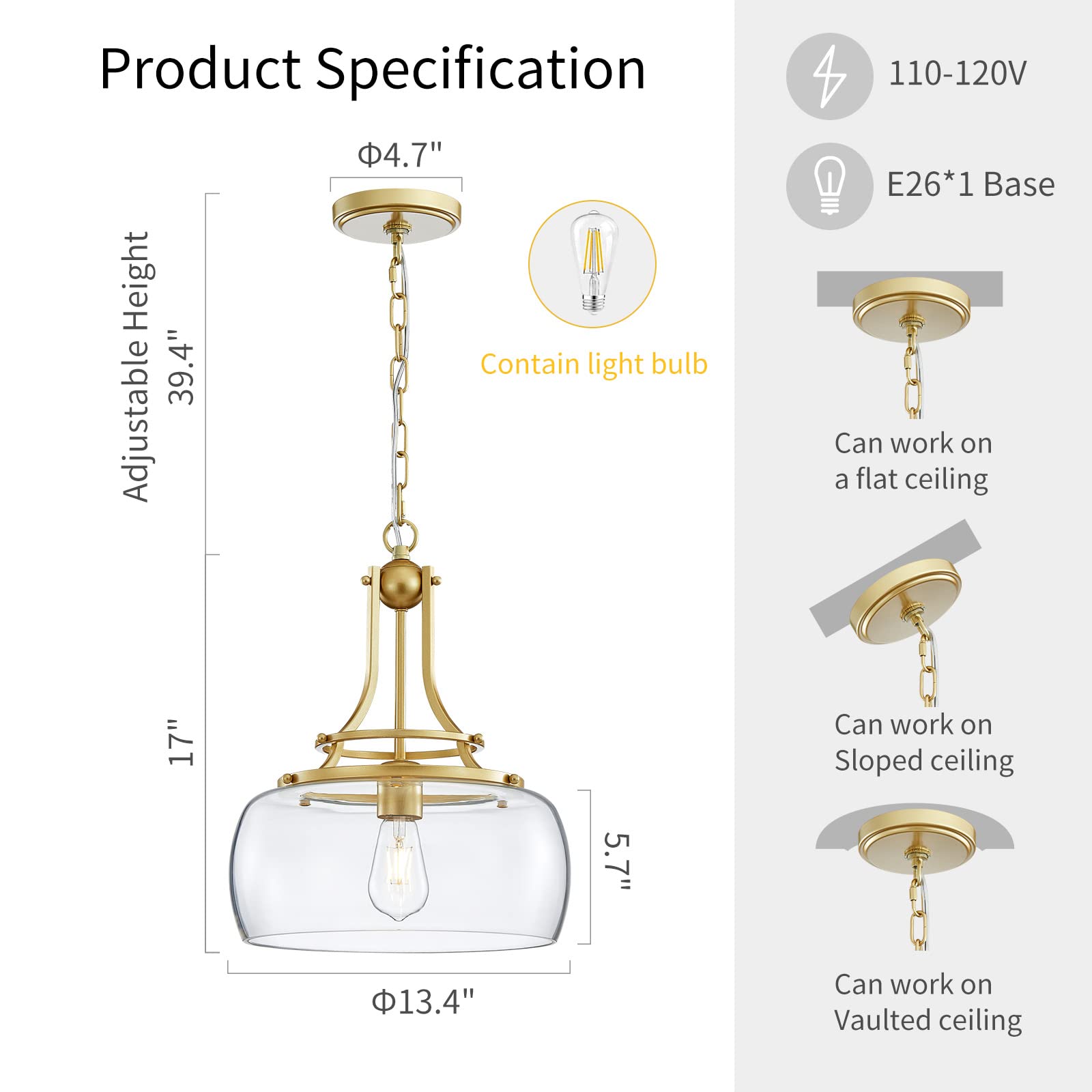 Wuzups Gold Rustic Farmhouse Chandelier, Round Pendant Light With Clear Glass Shades, 17&quot; H X 13.4&quot;