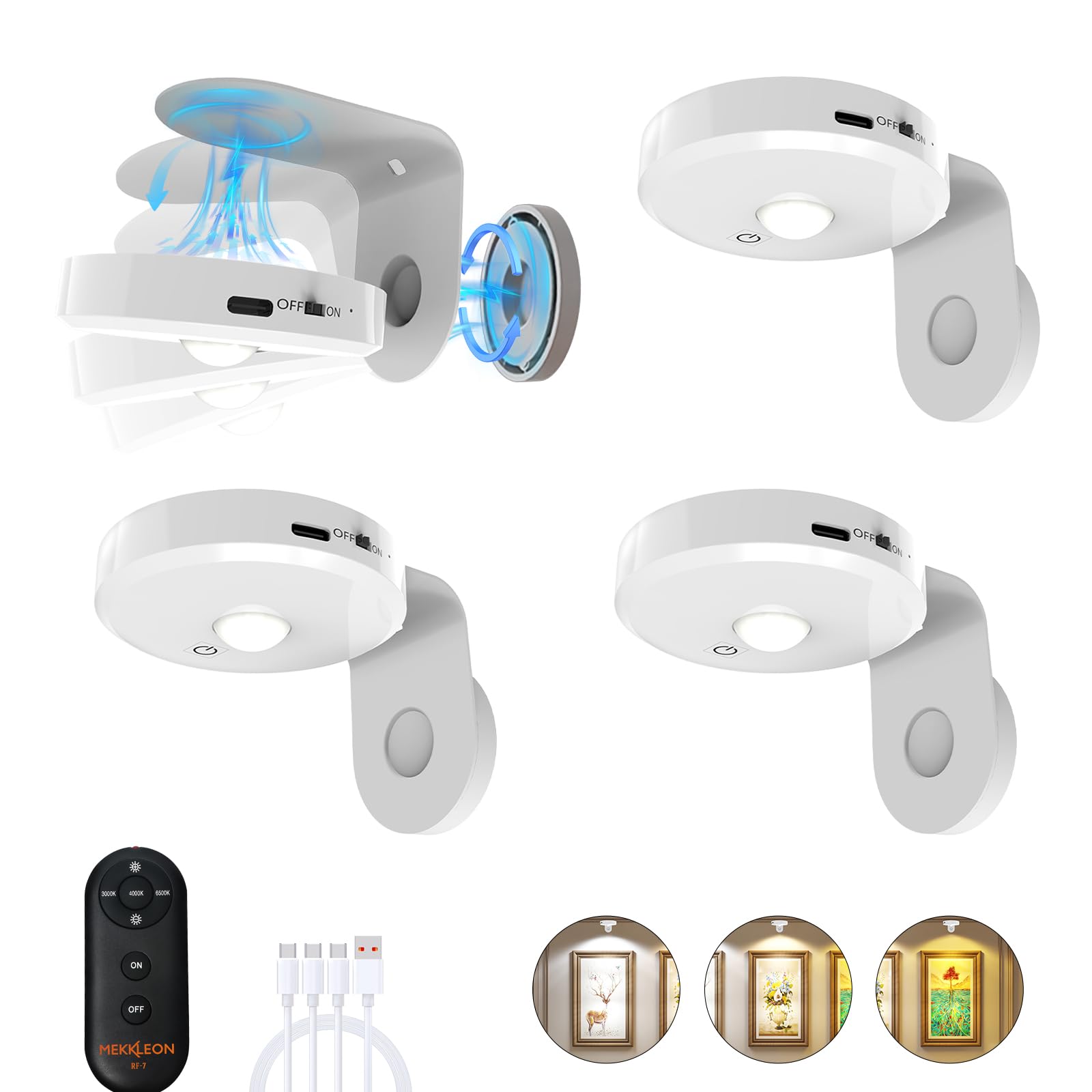 Picture Lights for Wall Wireless with Magnetic,2000mAh Rechargeable Picture Frame lights with Dimmable, Puck Lights with Remote