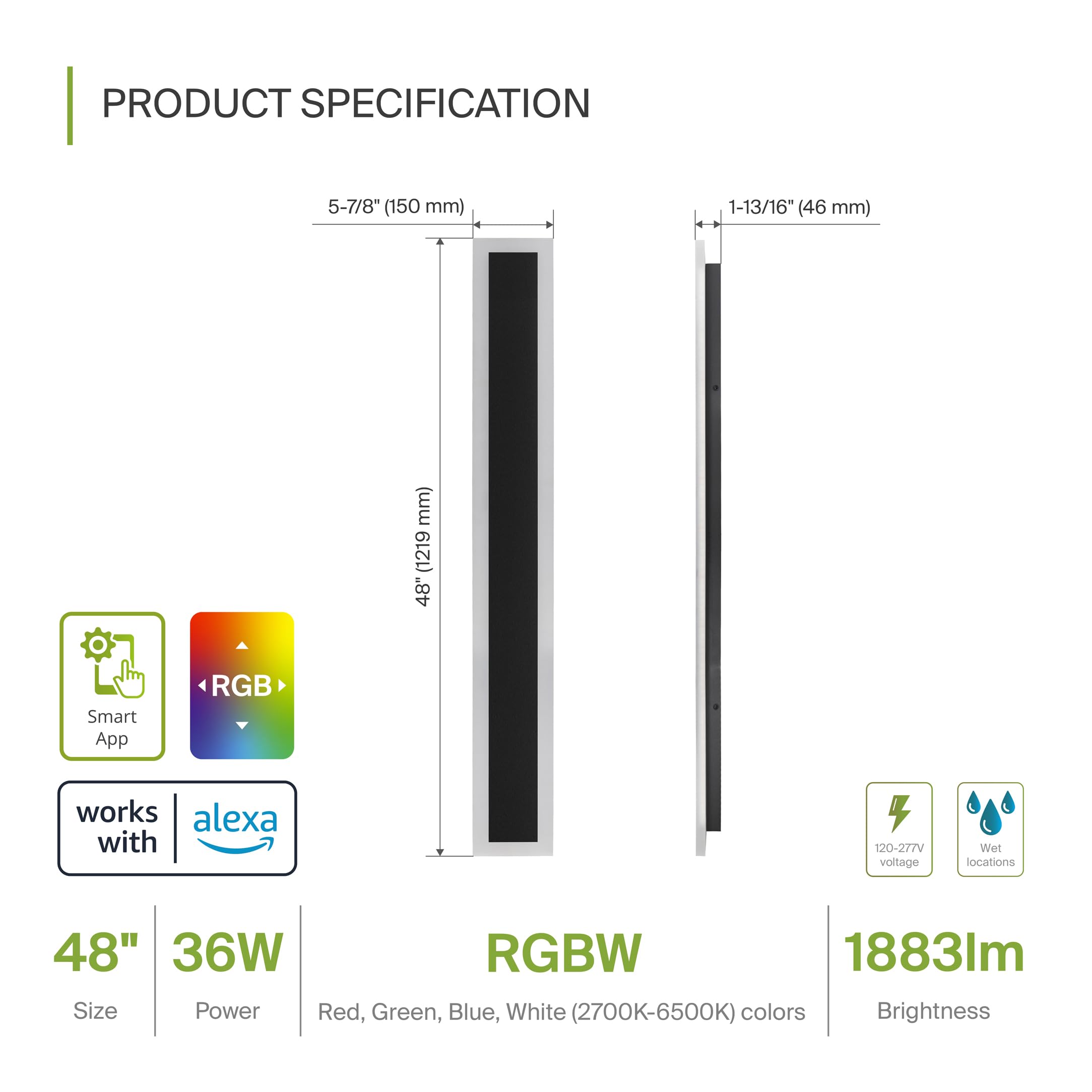 ASD LED Flush Mount Wall Light Fixture 36W 1800LM 48 Inch Black A-LWS27A-48D36SM-RGB Waterproof Smart Acrylic