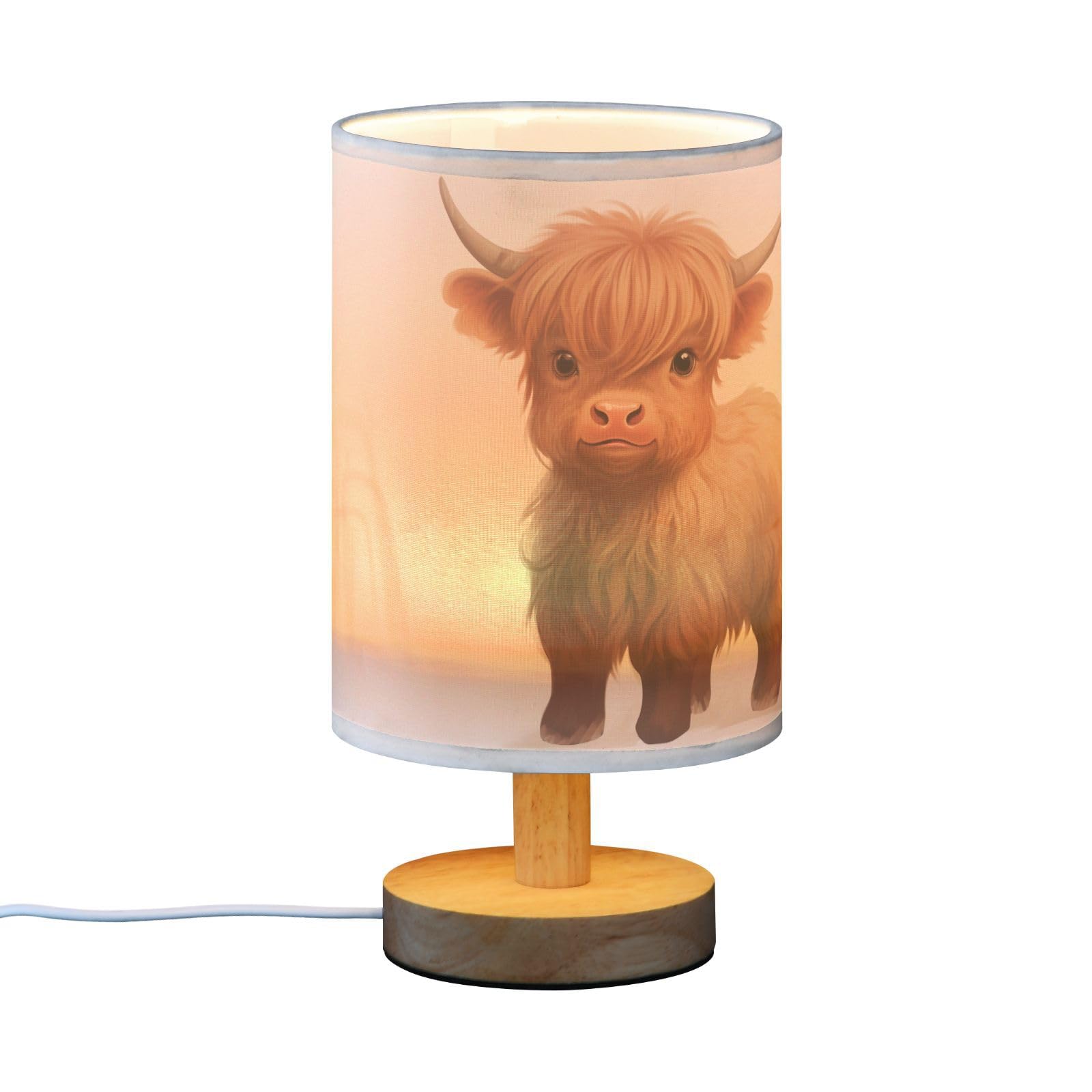 Oarencol Bedside Table Lamp Cute Highland Cow Animal Nightstand Lamp With Wood Desk Lamps For Bedroom Living Room Nursery Office