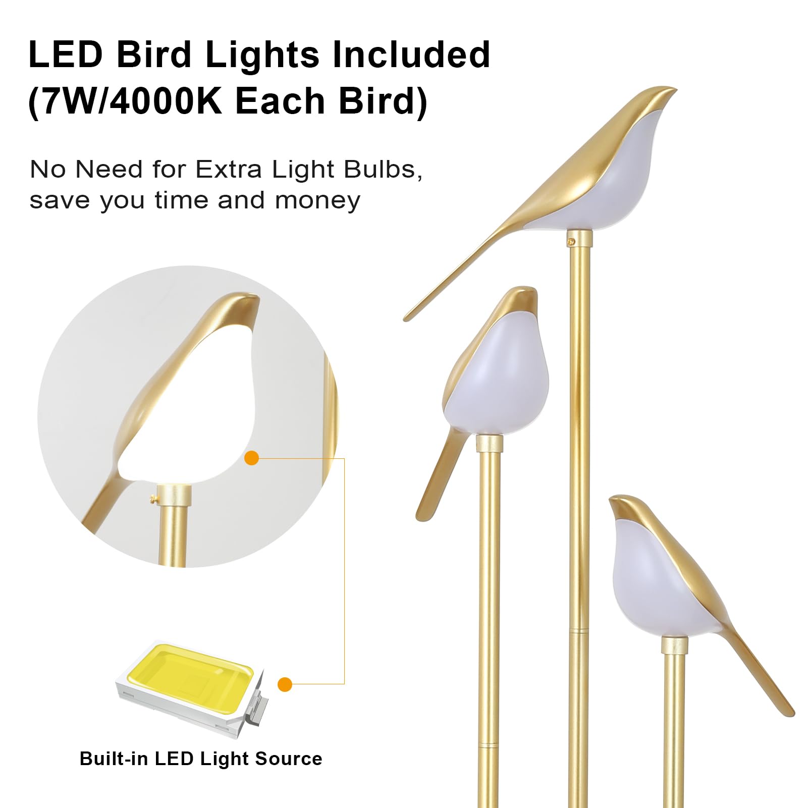 Artmooy Gold Floor Lamp - Modern Mid Century Design, 3 Adjustable LED Lights, Corner Tall Lamp with Shelves, Model 240502A1