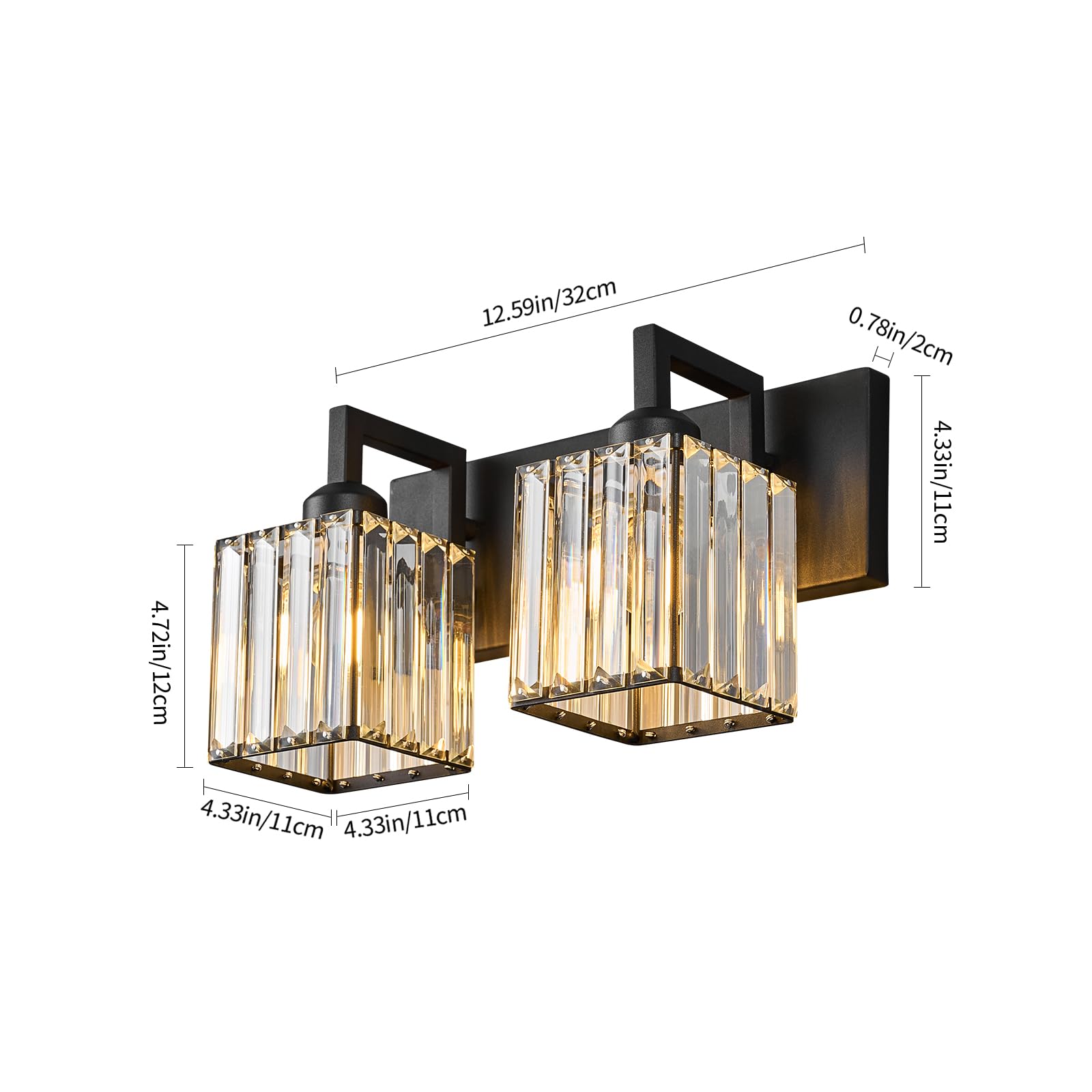 FDPBY Modern Crystal Bathroom Vanity Light 2-Light Metal Wall Lamp Black JW-003