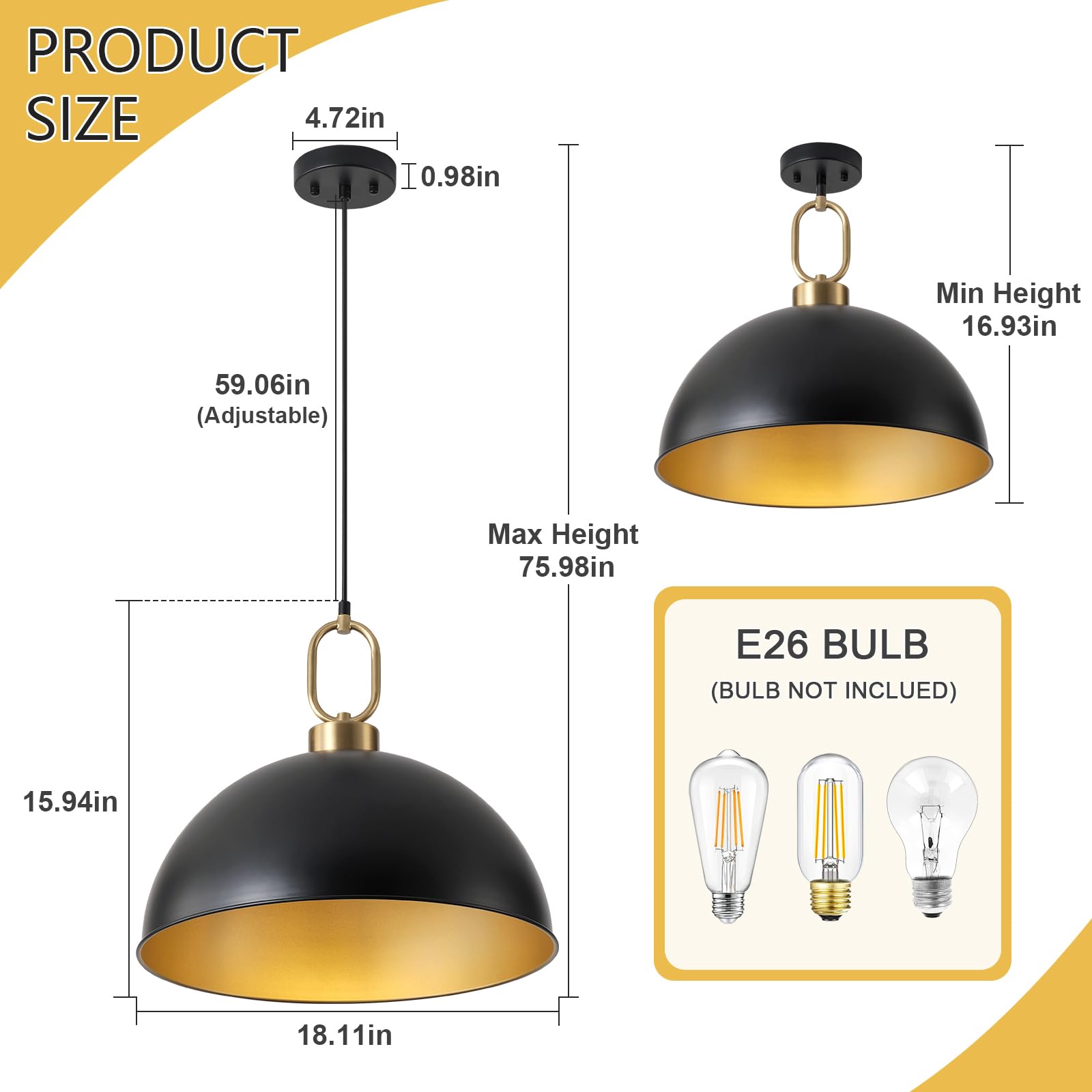 Farmhouse Pendant Light Fixture 1 Pack, Space Saving Industrial 18.1 Inch Hanging Light, Matte Black With Gold Handle, Adjustabl