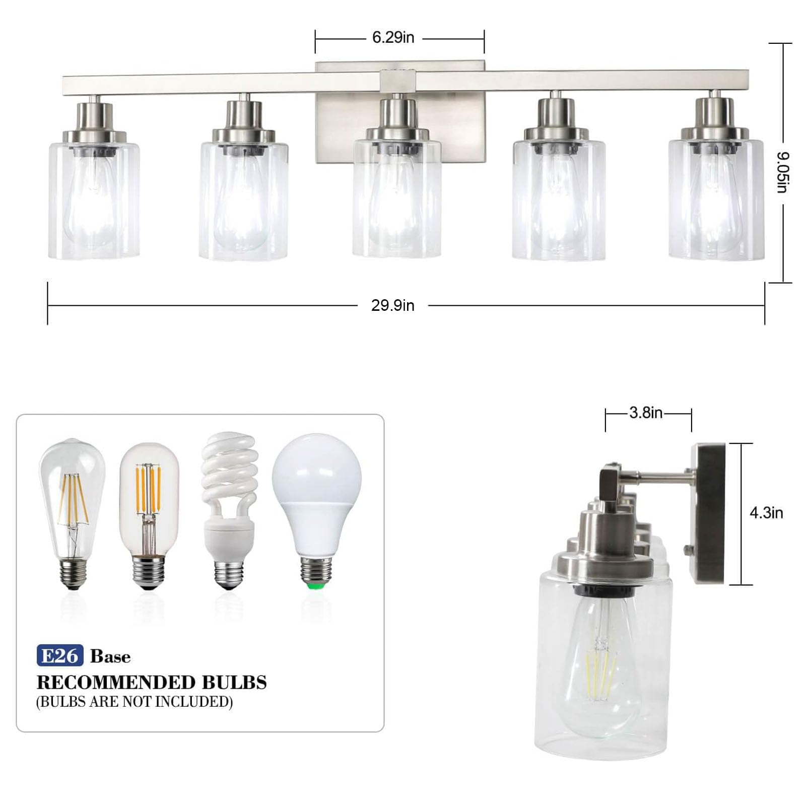 DIKAIDA 5-Light Bathroom Vanity Light, Nickel Metal Wall Sconce with Clear Glass Shade, Modern Design for Mirror, Bedroom, Living Room