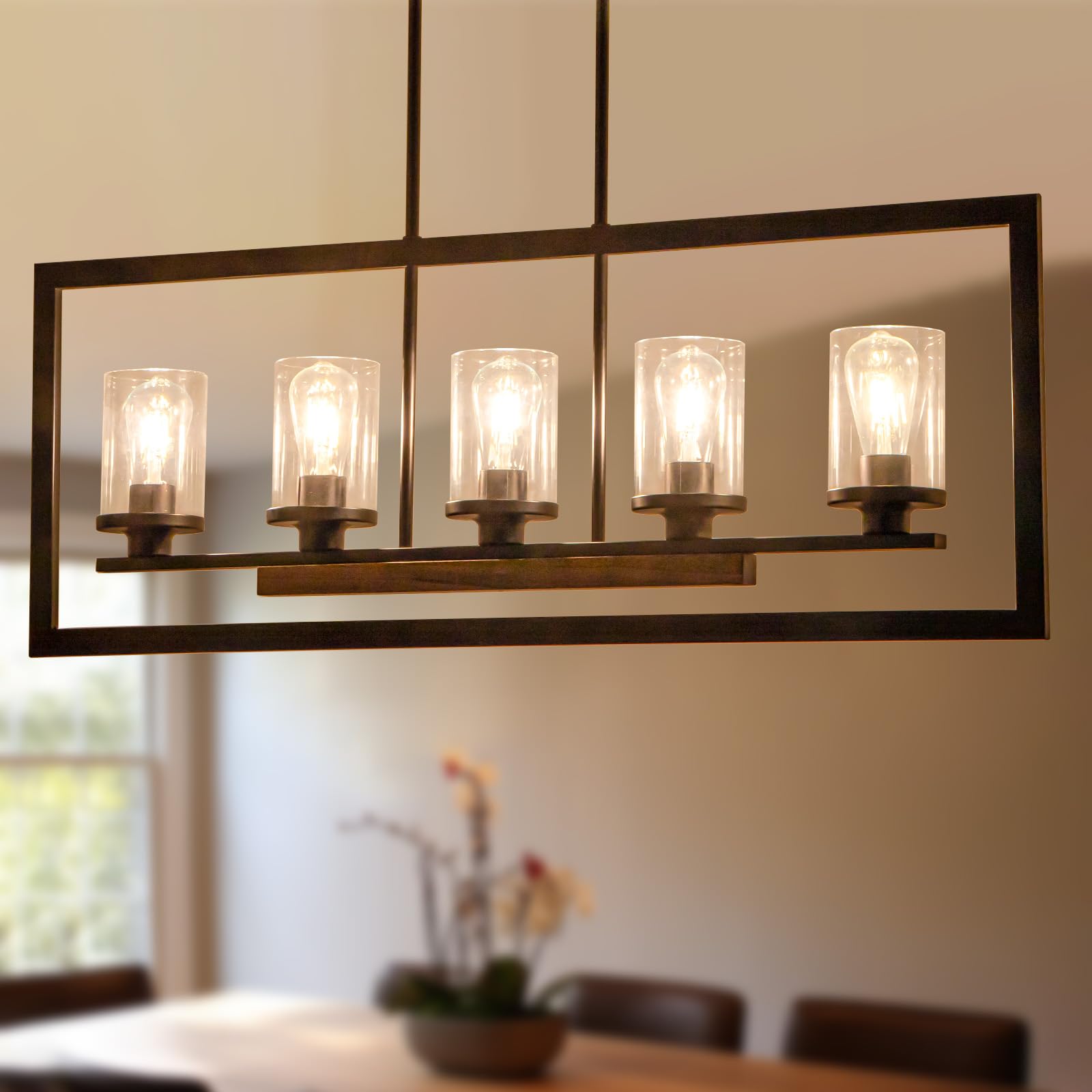 NSRCE Farmhouse Dining Room Light Fixture, 5-Light Island Lights for Kitchen, Rectangle Chandeliers with Black Metal and Natural