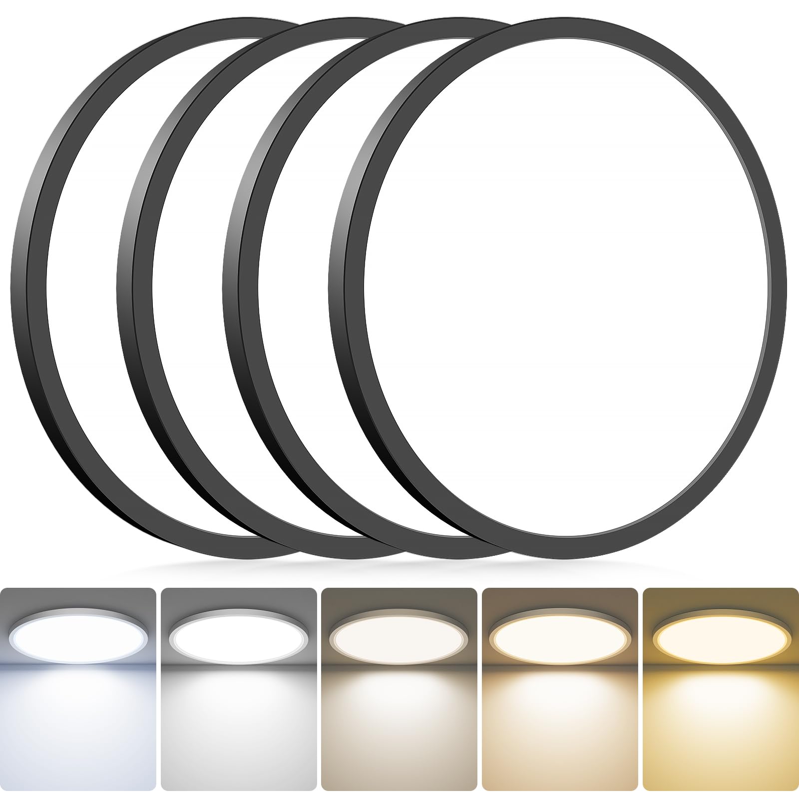hepside 4Pack LED Flush Mount Ceiling Light Fixture  13Inch 24W  Dimmable&3000K/3500K/4000K/5000K/6500K Adjustable Low Profile Ceiling Lights  Round Flat Ceiling Light for Kitchen Hallway-Black