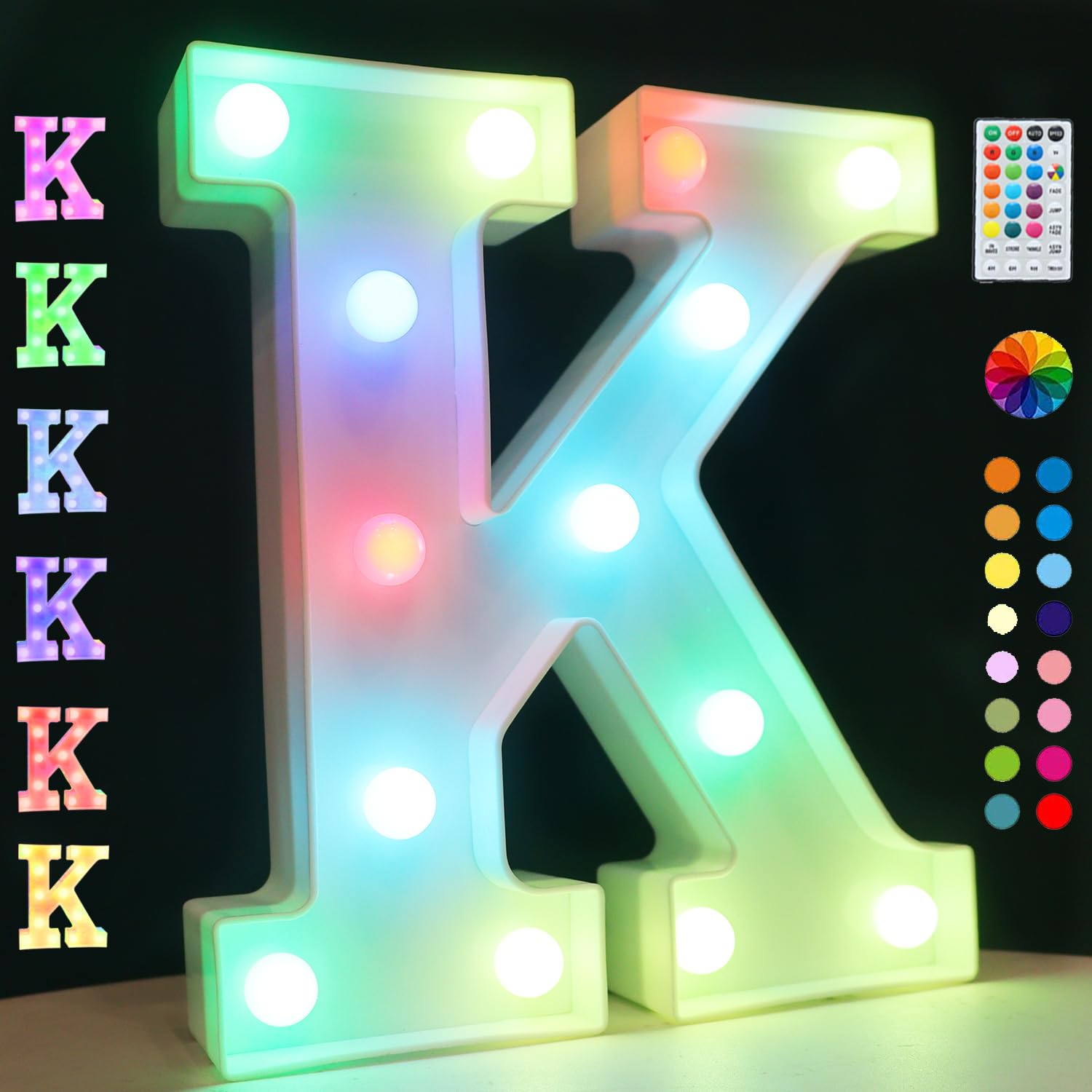 Light Up Colorful LED Marquee Letter lights, 18 Colors Changing Alphabet Letters Sign with Remote Timer for Night Light Girls Bedroom Wedding Birthday Party Lamp Christmas Home Bar Decor- Colorful K