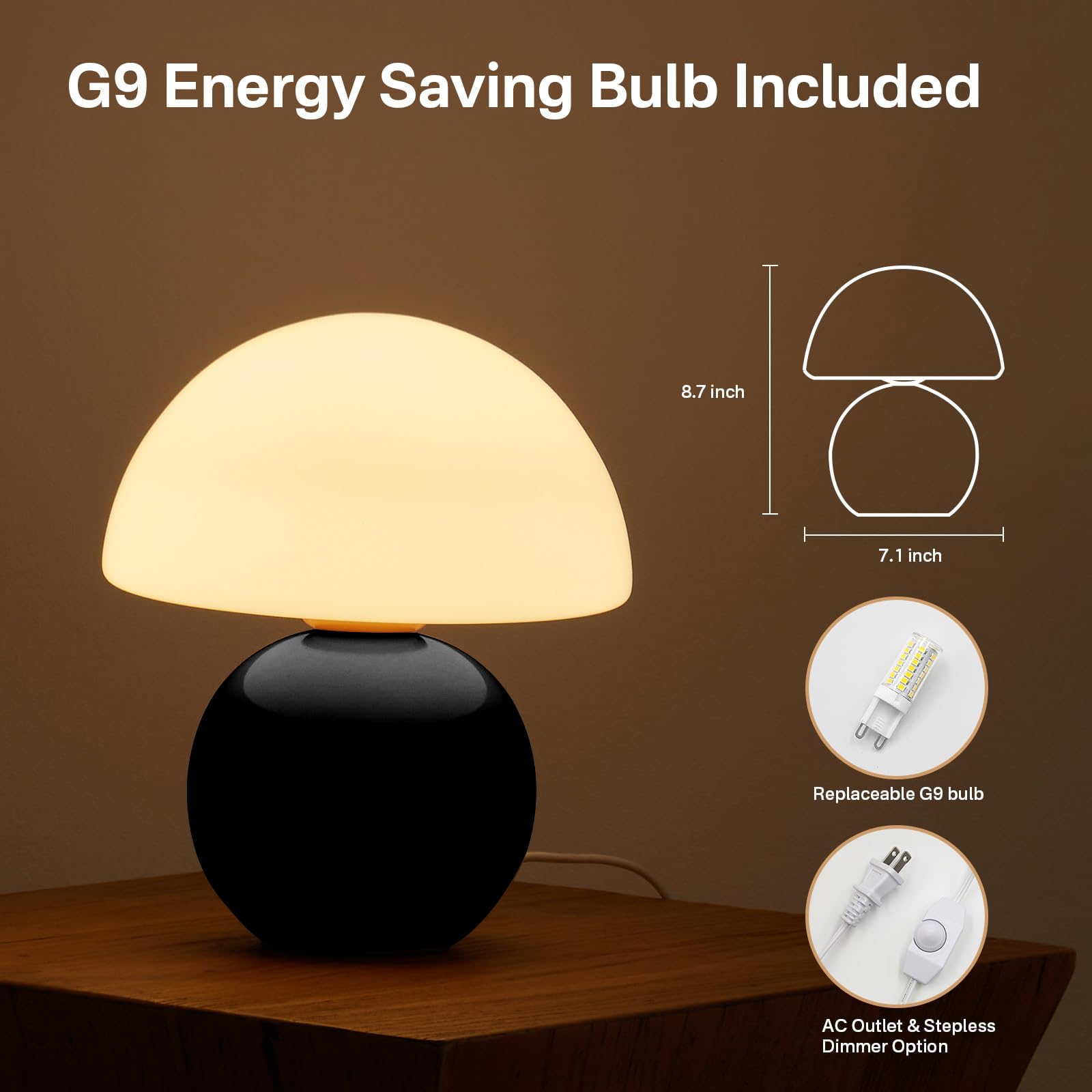 Dawnwake Mushroom Table Lamp - Small Black Glass Mid Century Aesthetic for Bedroom & Living Room - Model TD3003