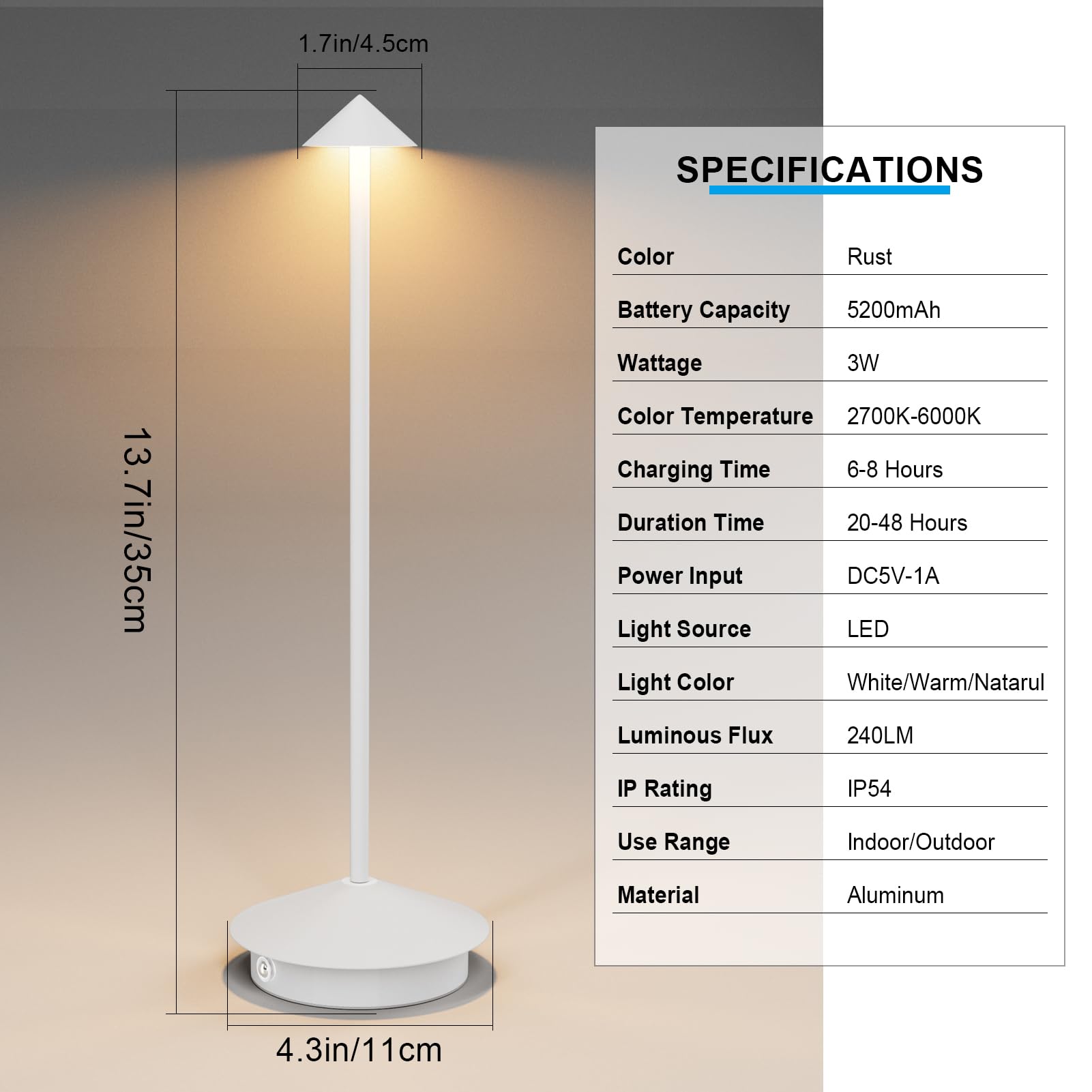 Aoceley Rechargeable LED Table Lamps, 6000mAh, Waterproof, 3-Color Dimmable, Model HT015, Portable, White, 2-Pack
