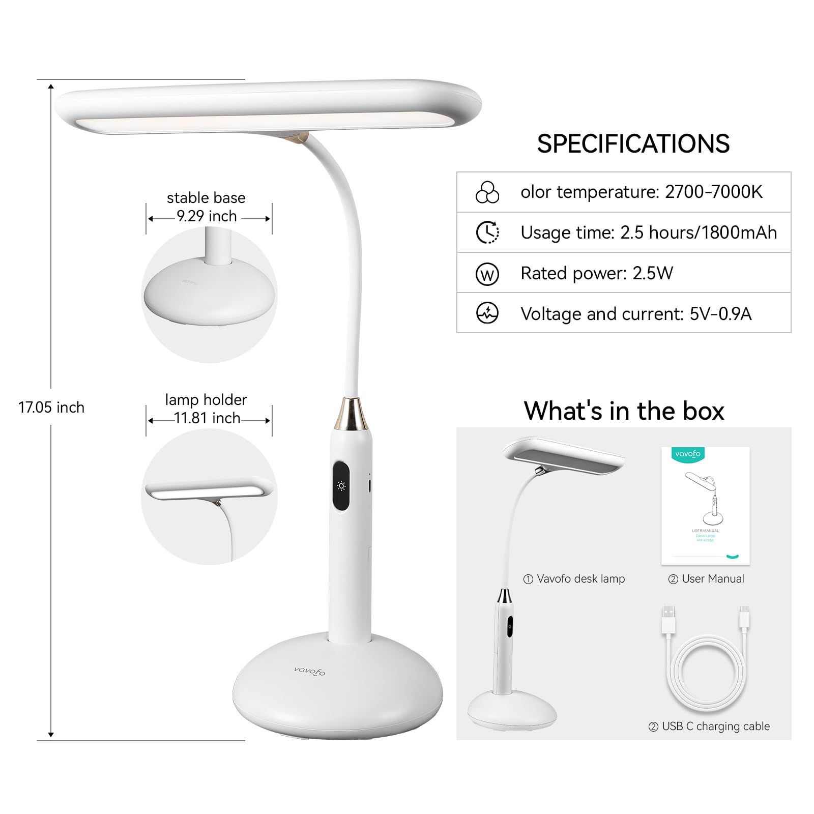 Vavofo Led Desk Lamp 6778B - Touch Control, Adjustable 2700-7000K Color Temperature, 700 Lumens, 360 Flexible Gooseneck, Usb-C C