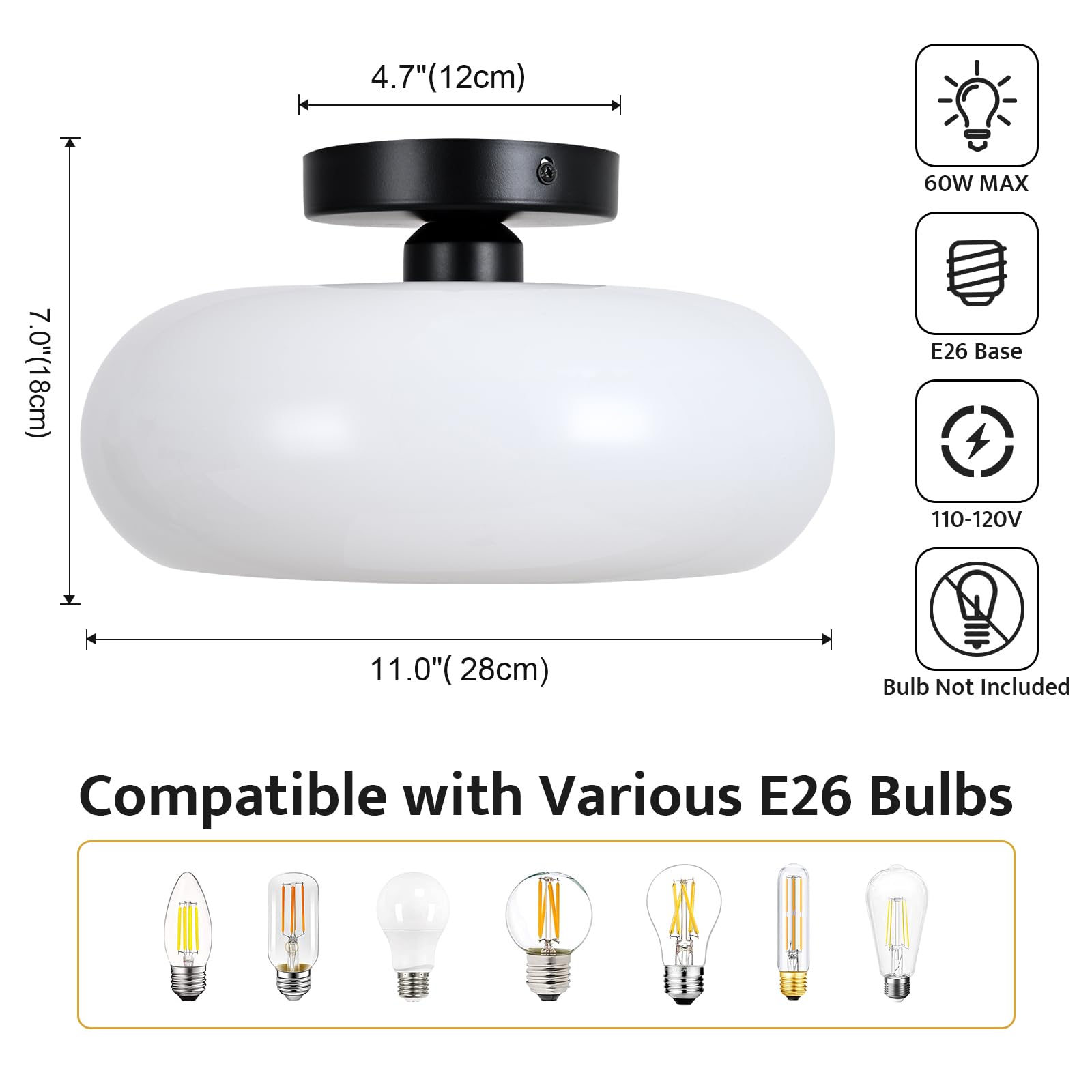 Woknos Mid-Century Modern Semi Flush Mount Ceiling Light, Metal Kitchen Light Fixture With Glass Shade,Vintage White And Black Colse To Ceiling Lamp For Entryway Hallway Bathroom (11.0 Inch)