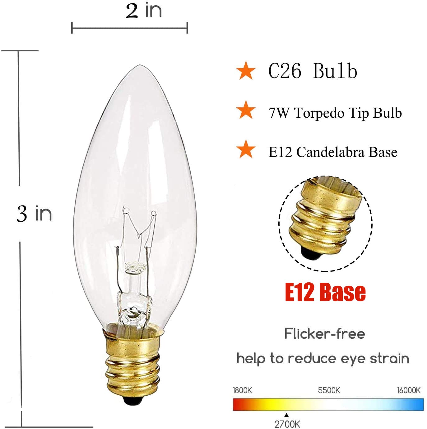GOOTHY C26 Clear Incandescent Bulbs, 7W Replacement Lights, Pack of 25 for Candelabra Base, UL Listed