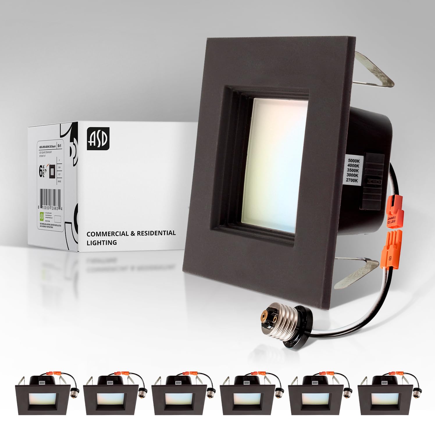 ASD Bronze 4inch Recessed Lights Square Retrofit Trim 9W 5CCT 2700K 3000K 3500K 4000K 5000K Color Adjustable 709LM Dimmable Can 