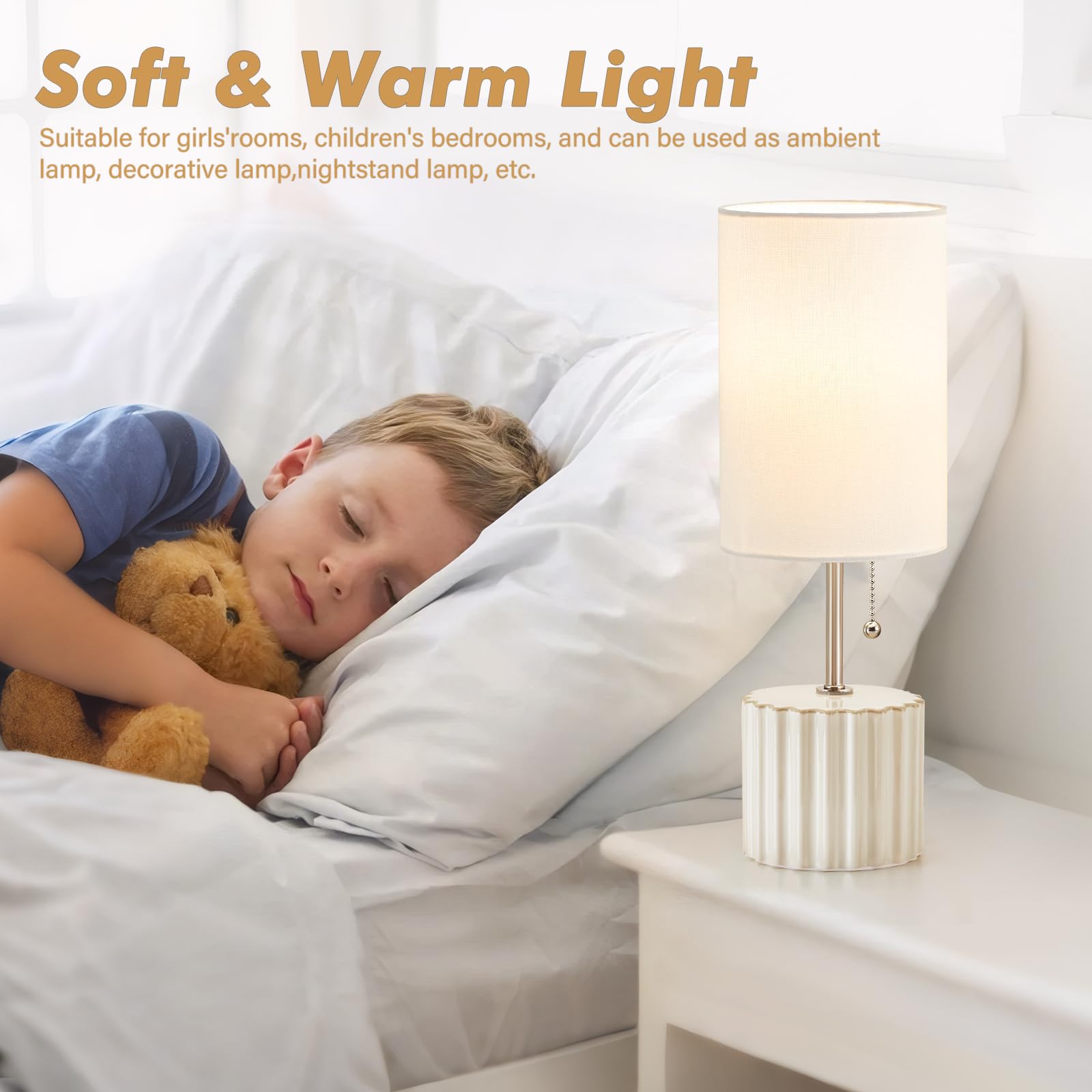 Gyrovu White Ceramic Table Lamps Set Of 2, Bedside Nightstand Lamps With 3-Color Temperature Ceramic Lamp Pull Chain, Small Desk