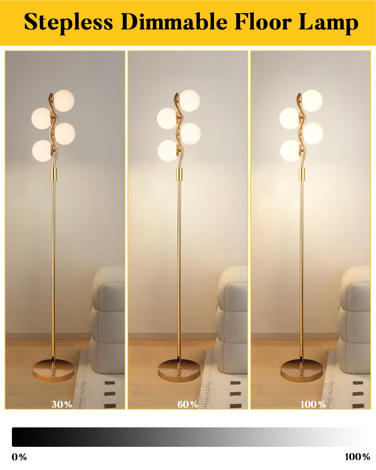 Lightdot 64In Dimmable Globe Floor Lamp, Gold Standing Lamps With 4Pcs 3000K G9 Bulbs Soft Warm White Eye Care, Mid Century Floo