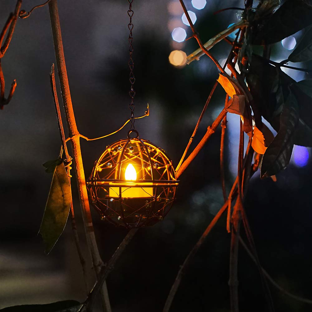 Solar Lights Outdoor Hanging Lanterns, ZHONGXIN Beaded Copper Wire Ball Candle Holder with Solar Tea Lights, Perfect for Home, G