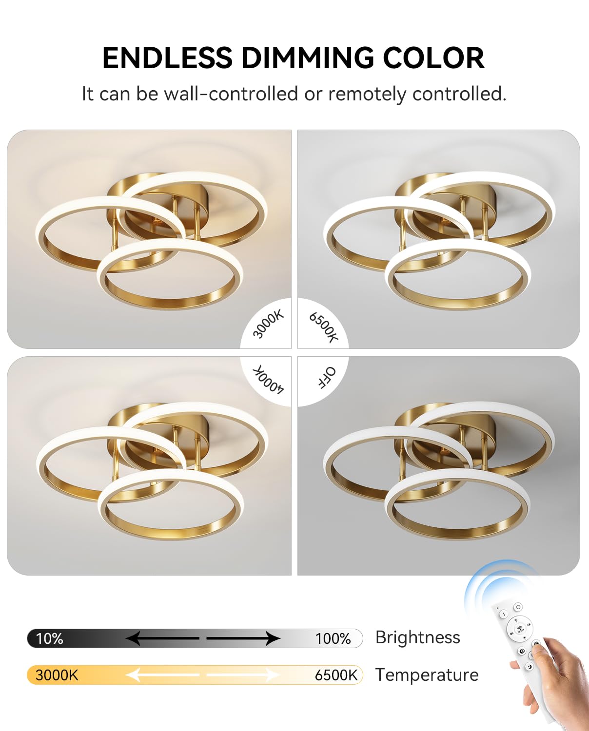 Miss Lighting Dimmable LED Semi Flush Mount Light Fixture, 15in, 3 Ring Gold, Remote Control, Modern Chandelier for Bedroom, Kitchen, Hallways