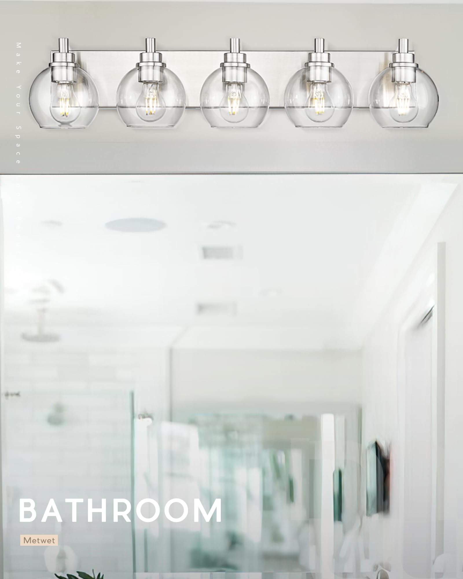 Metwet Bathroom Light Fixtures  5 Light Brushed Nickel Vanity Light  32 Inch Modern Wall Sconces With Globe Clear Glass Shade  Vanity Lighting Fixtures Over Mirror  Vl195-Bn-Cl-5