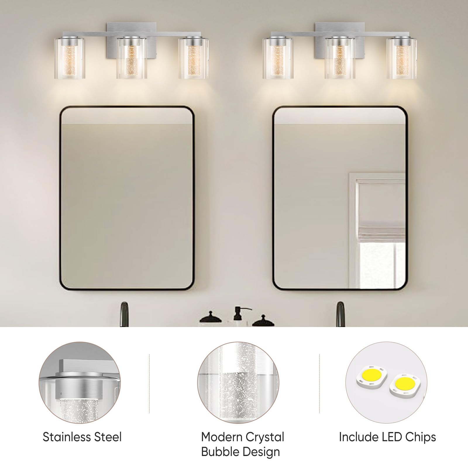 Led Modern Bathroom Light Fixtures Over Mirror, 3-Light Brushed Nickel Vanity Lights With 5 Color Modes, Dimmable Bathroom Vanit