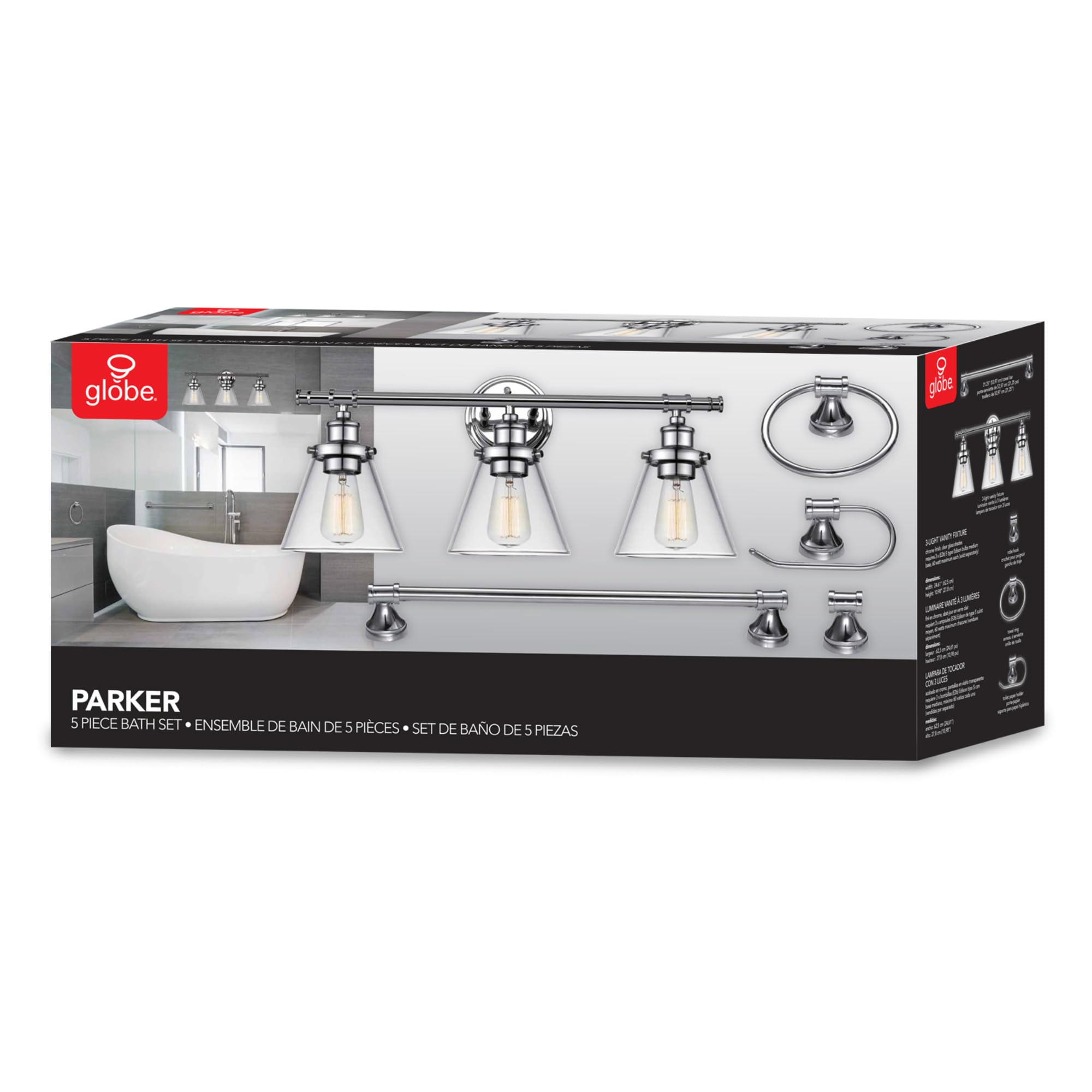 Globe Electric 51234 5-Piece All-In-One Bathroom Set  Chrome  23 3-Light Vanity Wall Light With Clear Glass Shades  Towel Bar And Ring  Robe Hook  Toilet Paper Holder  Beauty Room Accessories