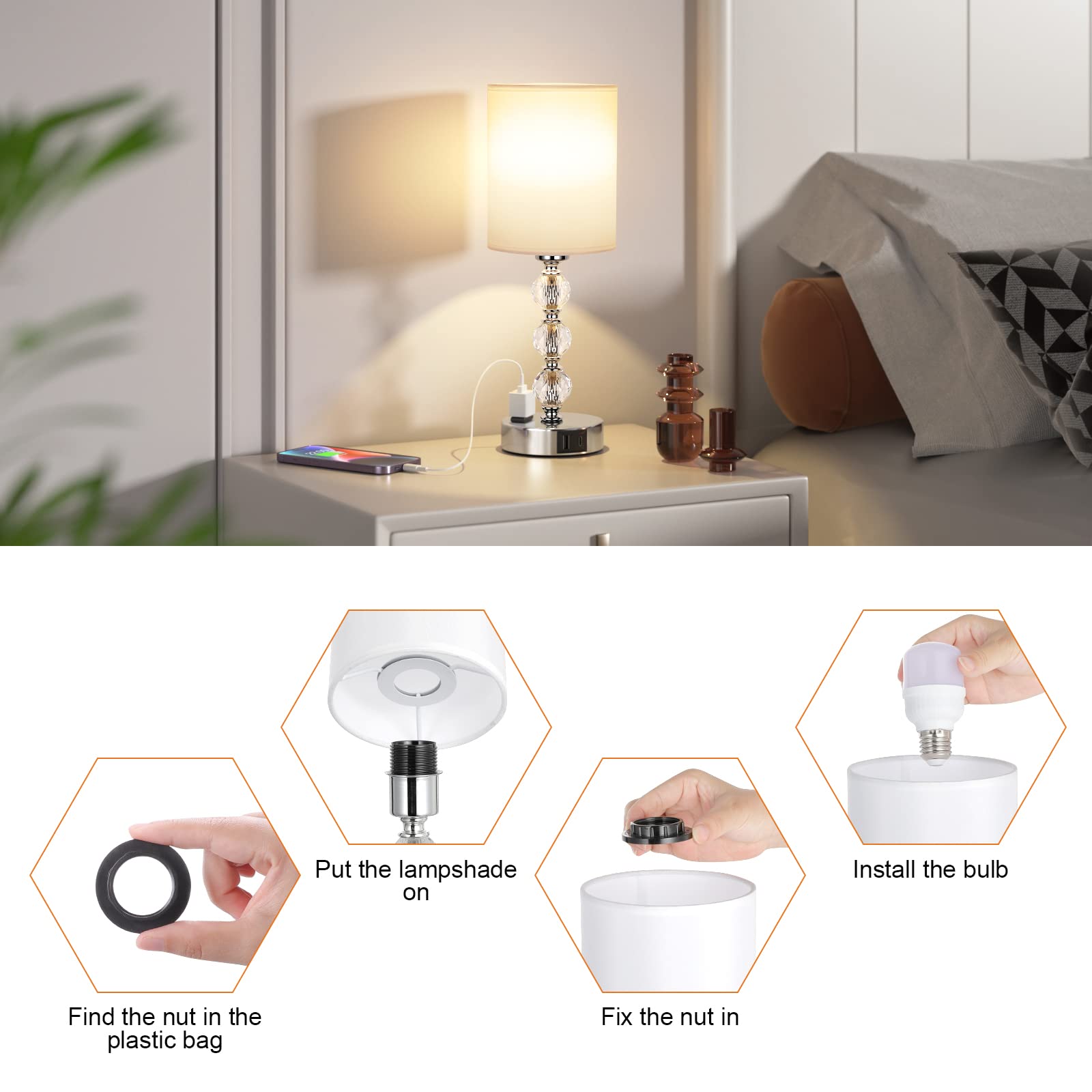 Acaxin Touch Bedside Crystal Lamp With Usb Charging Port, 14.6In, White, 3-Way Dimmable For Bedroom, Living Room, Kitchen