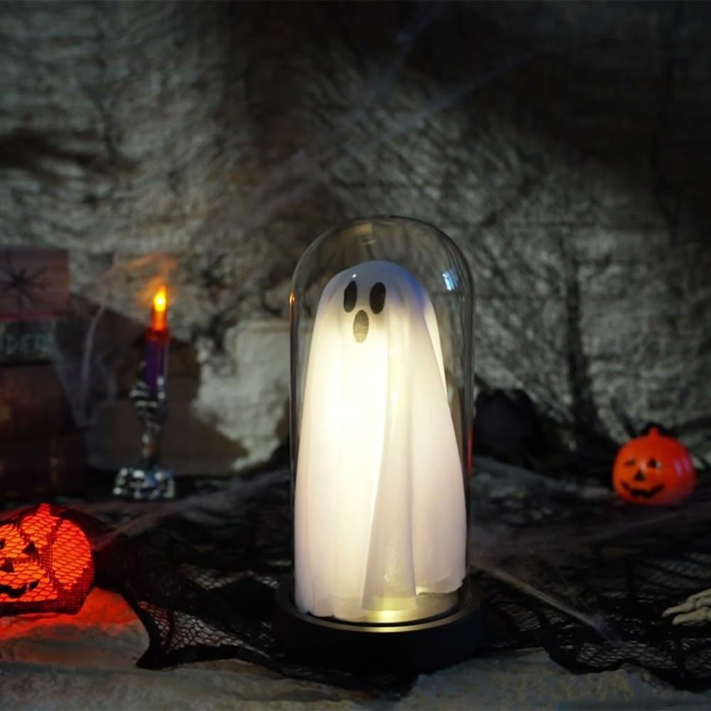 Sladpoem Light Up Ghost In Removable Glass Dome  Cute White Spirit Decoration For Winter Tabletop  Cozy Home Accent  Holiday Night Light For Mantel  Bedroom Or Office Decor