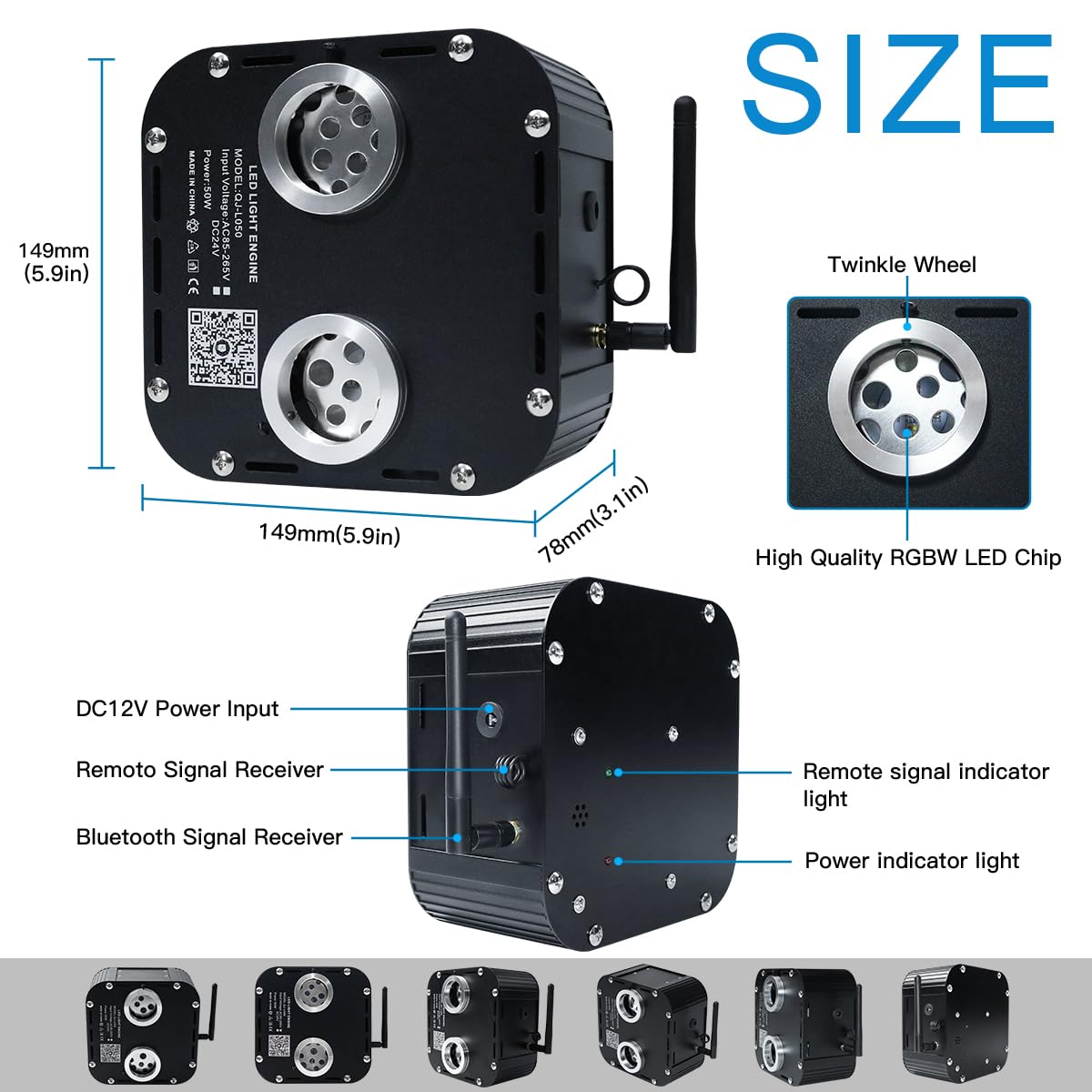 AKEPO 50W Dual-Head Fiber Optic Light Engine Replacement, RGBW, APP Control, Music Activated, Model QJ-L050, Multicolor