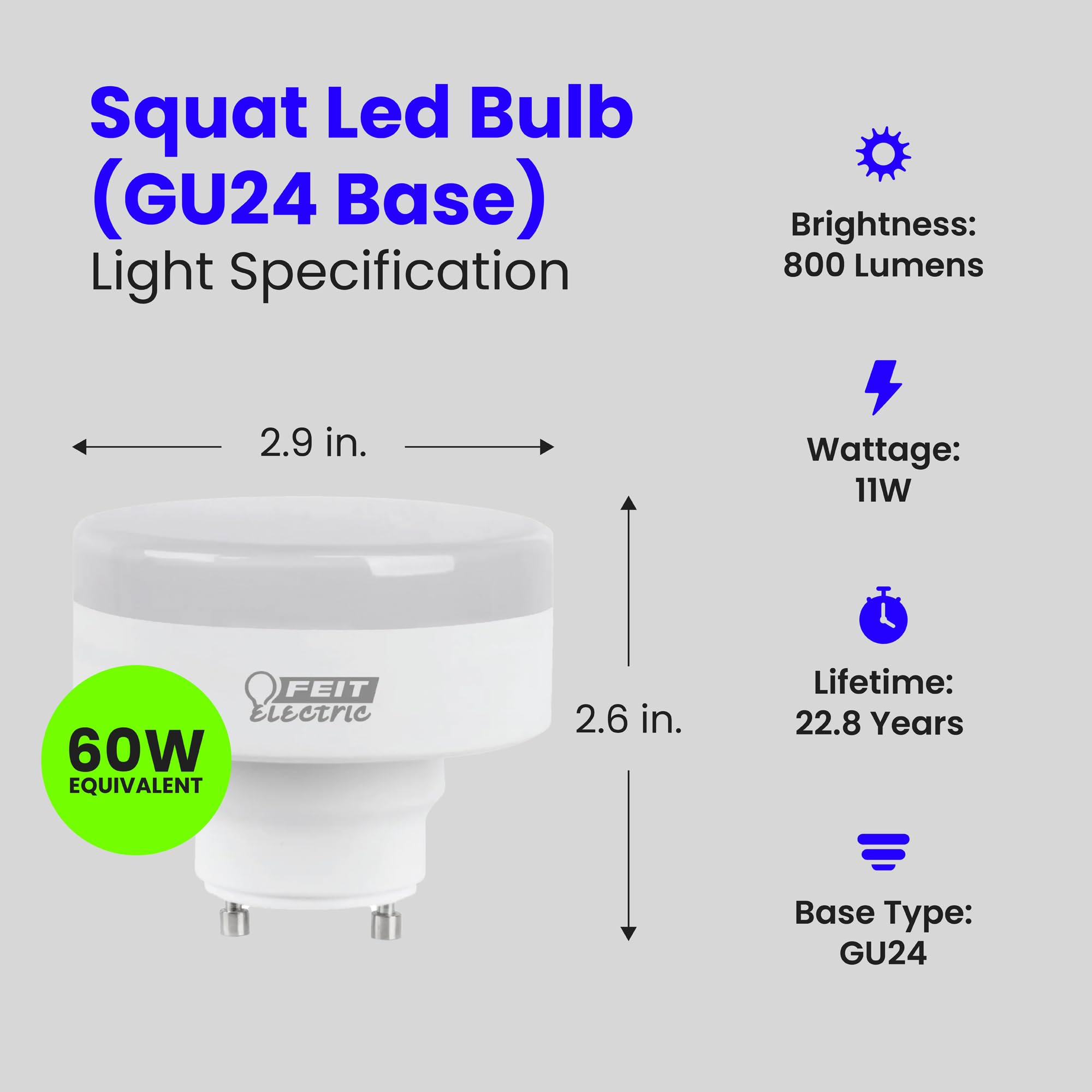 Feit Electric LED Light Bulb, 60W EQ, Warm White 3000K, Plastic, Model PU60/830/GU24, Pack of 1