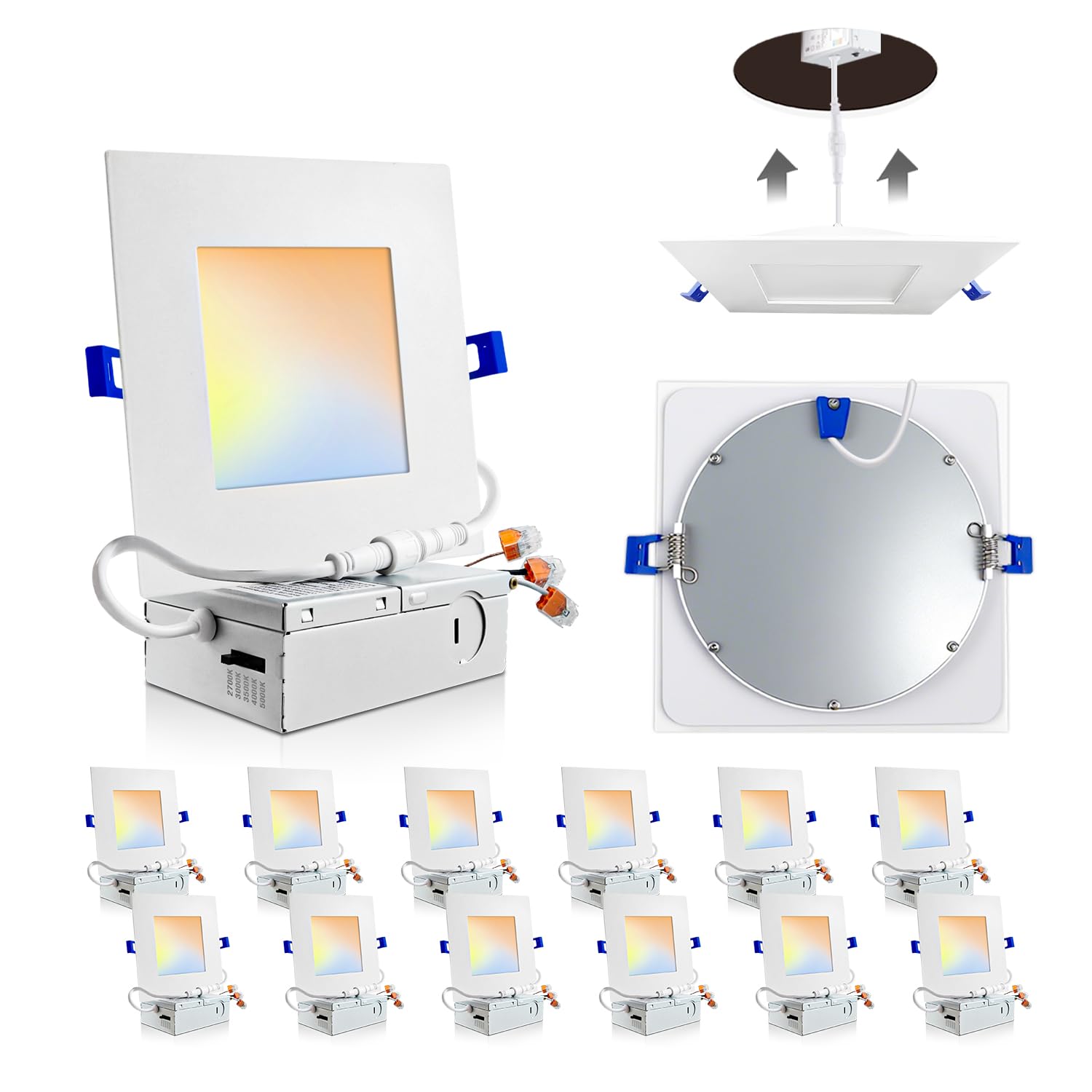 Adetu 12 Pack 6 Inch Square Led Recessed Lighting  5Cct Ultra Thin Square Led Ceiling Light With Junction Box  14W 1190Lm  Cri90  2700K-5000K Selectable Dimmable Canless Downlight  Etl And Energy Star