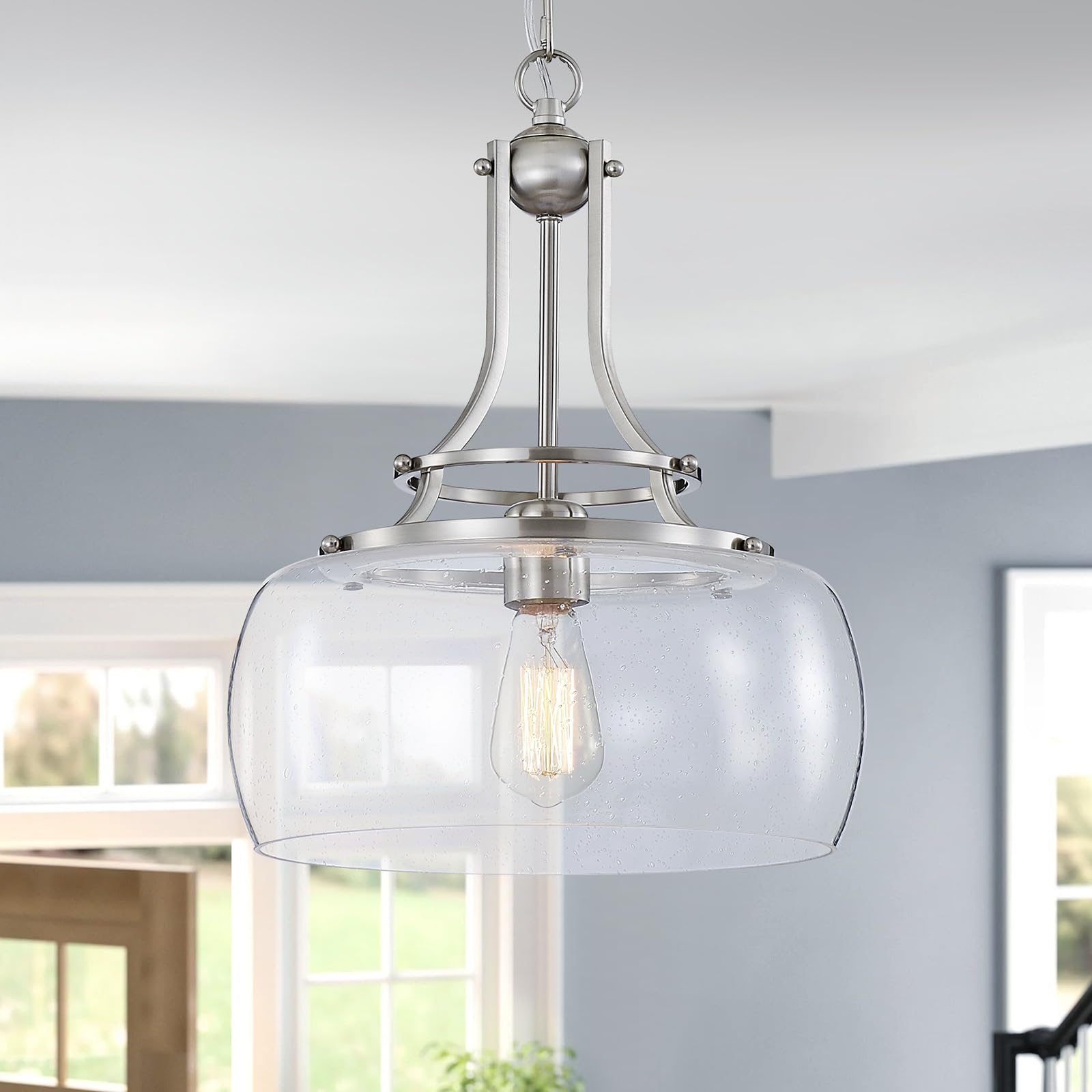 WUZUPS Chandelier Rustic Farmhouse Industrial Round Ceiling Pendant LED Light Fixture Clear Seeded Glass Shade for Dining Room K
