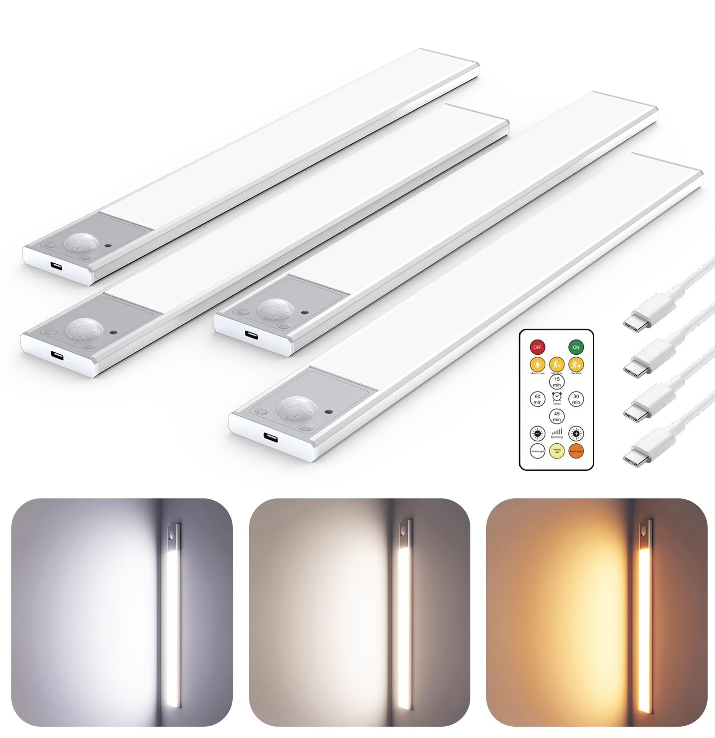 56LED Under Cabinet Lighting Wireless, 12'' Motion Sensor Light Indoor Rechargeable Under Cabinet Lights, Magnetic Closet Lights Battery Operated, Under Counter Lights for Kitchen (4Pack, Silver)