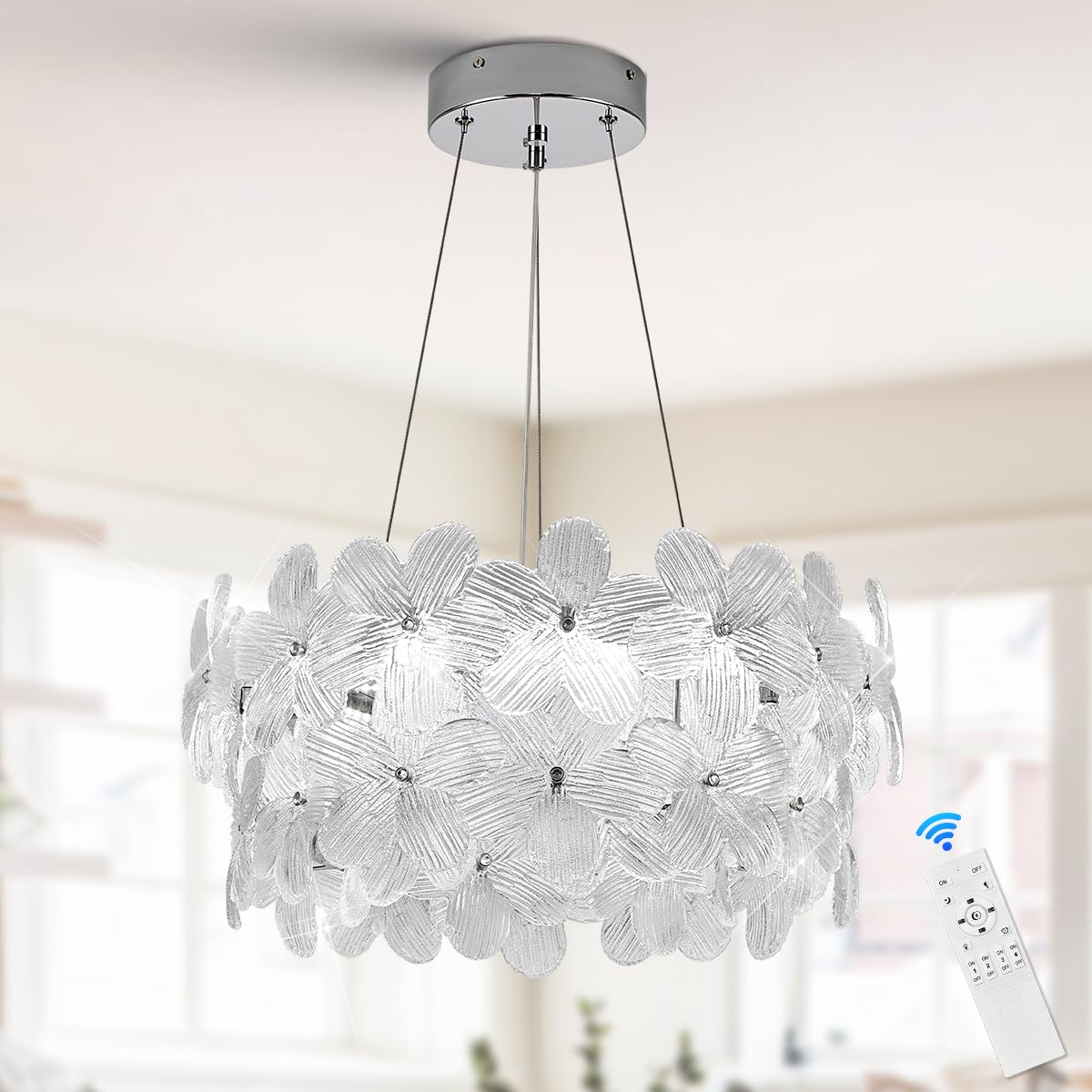 Poemoon Elegant LED Crystal Chandelier 20'' Chrome Contemporary Flower Flush Mount Dimmable Chandelier Light Fixture with Remote