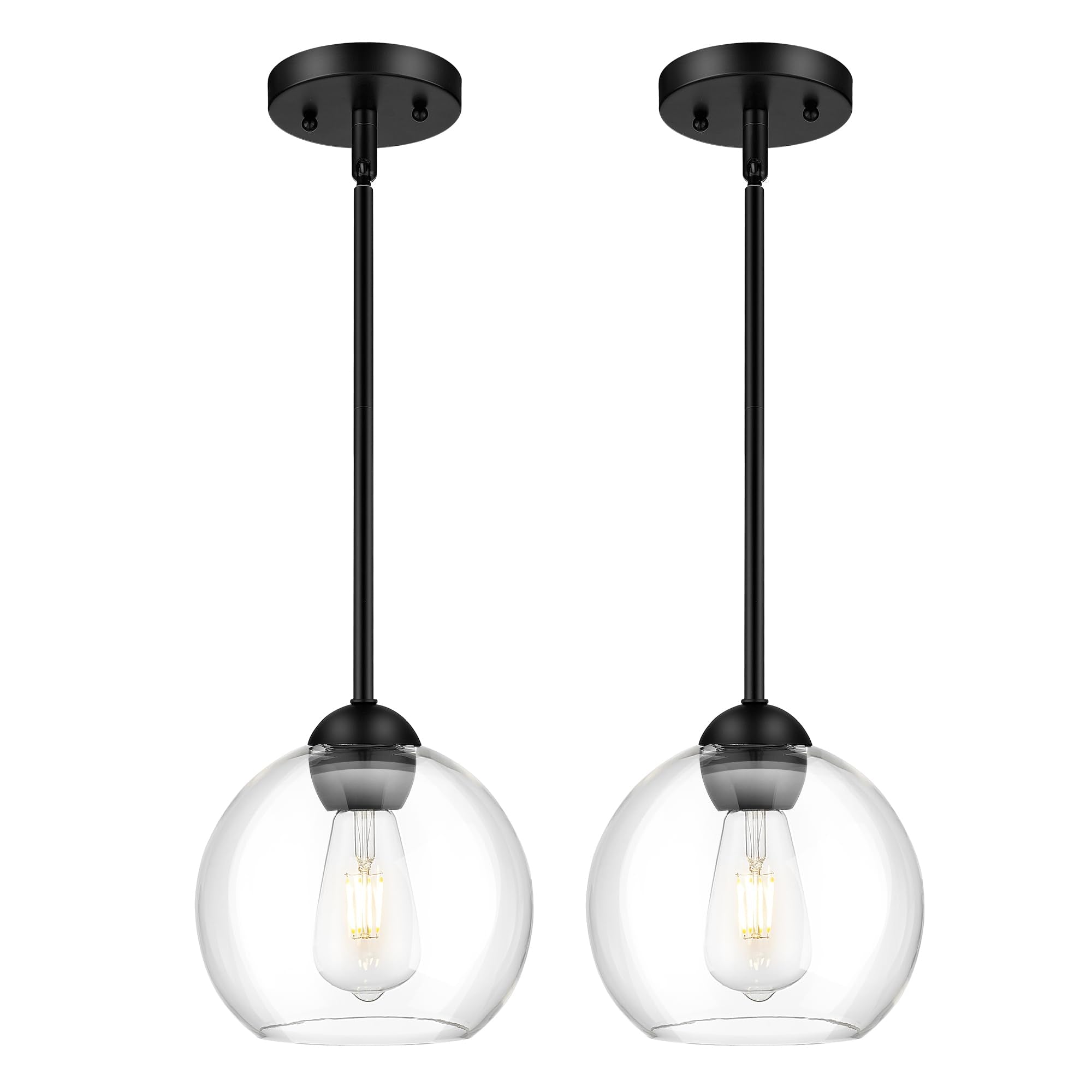 Emak 8 Inch Globe Pendant Lights Kitchen Island, Modern Black Pendant Light with Clear Glass Shade, 2 Pack Hanging Light Fixture