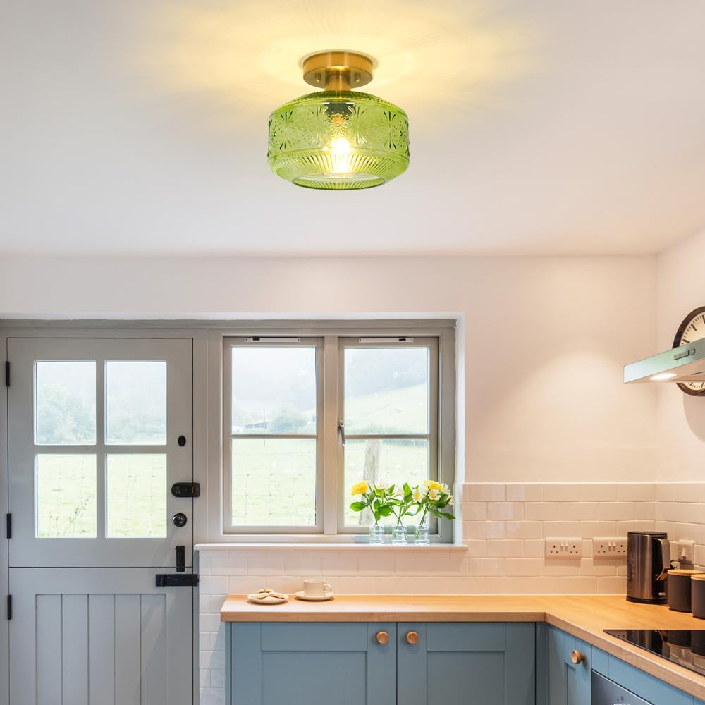 Semi Flush Mount Ceiling Light, Vintage Small Ceiling Light Fixture, Thickened Glass Hallway Light Fixture, Brass Kitchen Ceilin