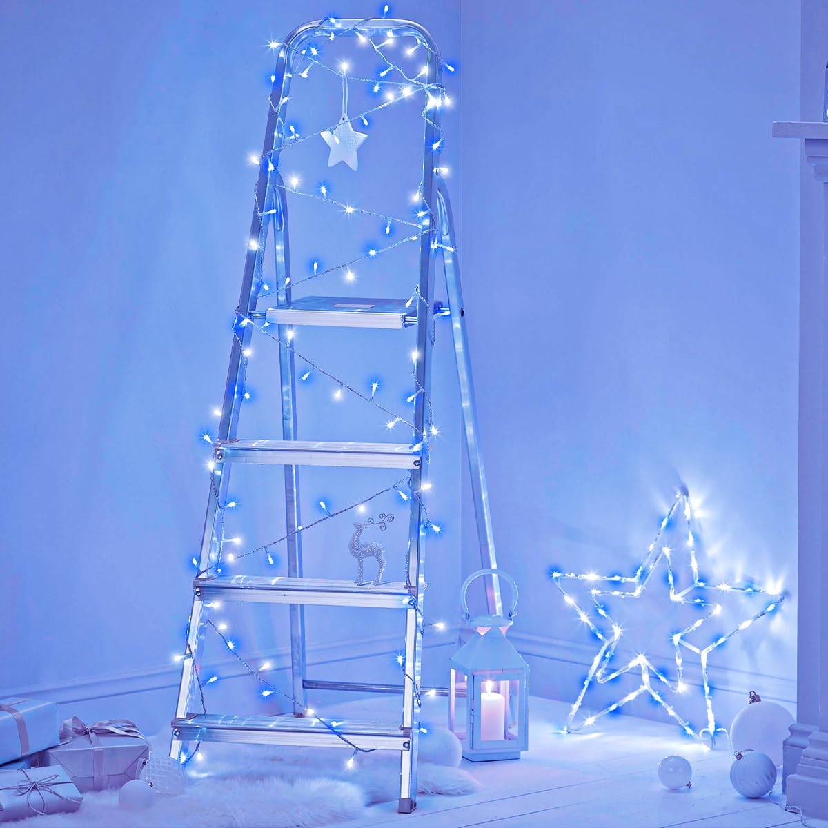 120 Led Blue White Christmas Lights Outdoor, 40Ft Clear Wire Christmas Tree Lights 8 Modes, Plug In Waterproof Twinkle Fairy Lig