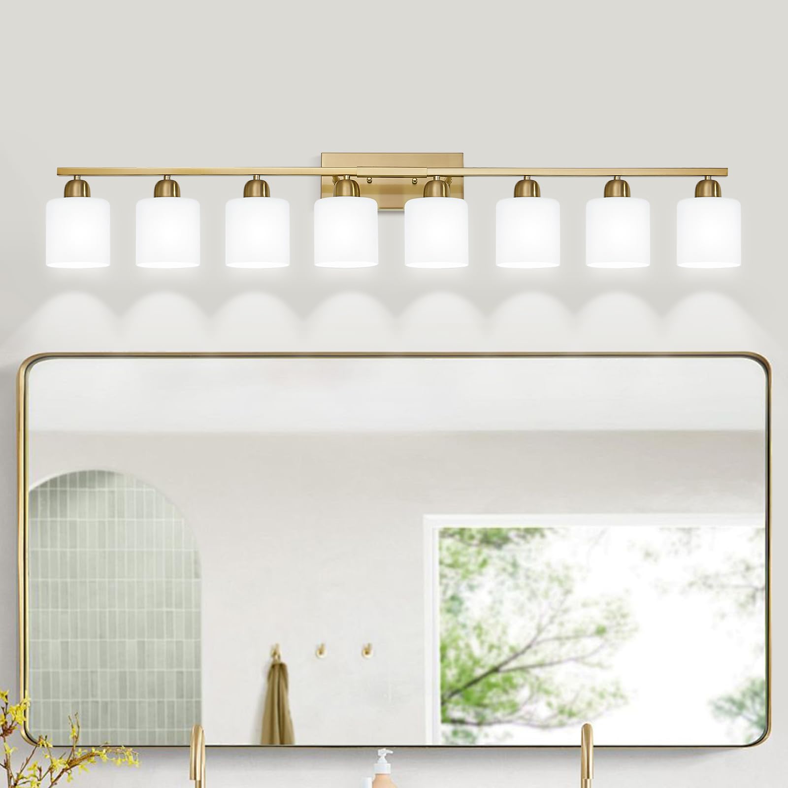 FAISHILAN 8 Light Bathroom Light Fixtures Gold for Big Mirror  Brushed Gold Vanity Lights for Bathroom with Milky White Frosted Glass Shades  51 inch Wall Sconce for Mirrors Living Room Bedroom