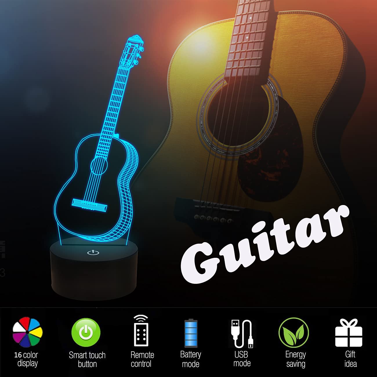Fullosun 3D Night Light Guitar Gifts For Music Lover, 3D Illusion Lamp With Remote Control &16 Colors Changing Amazing Idea Choi