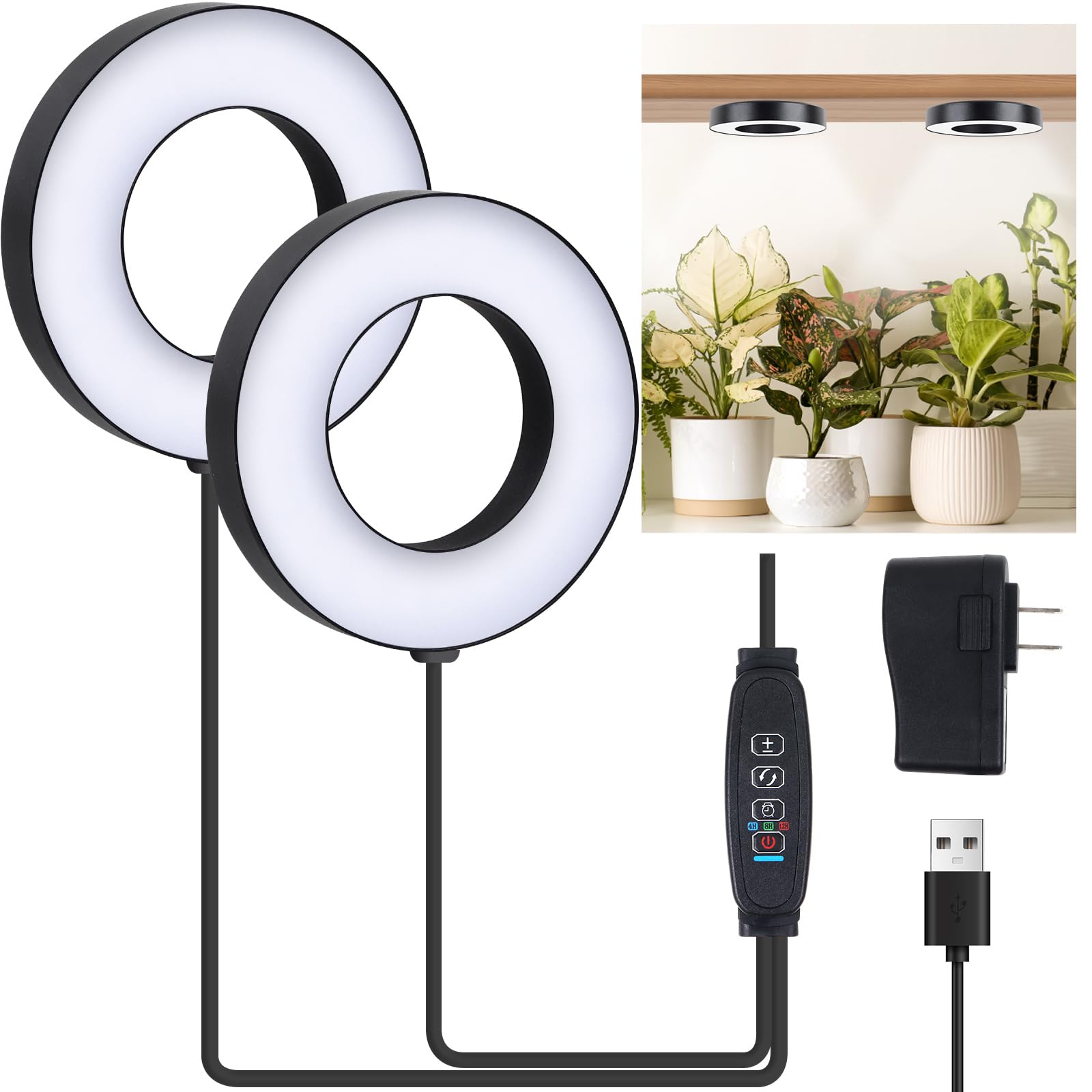 Aopeids 96 Led Grow Lights For Indoor Plants Full Spectrum 5000K, Upgraded 3 Lighting Modes, Plant Light With Auto On/Off Timer 4/8/12H, Halo Small Grow Light 10-Level Dimmable (Black, Dual Head)