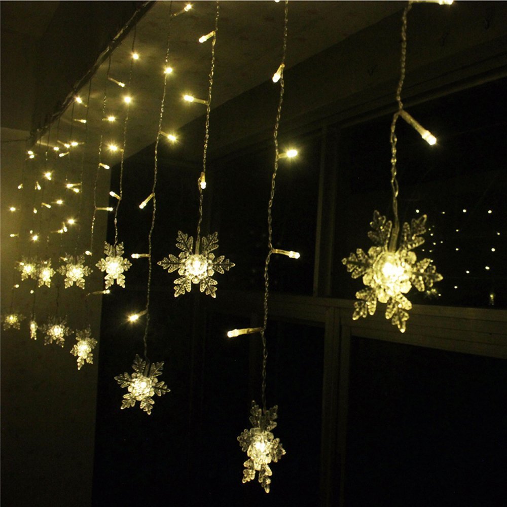 Lainin 96LED Snowflake Curtain Light, USB Powered, 12ft/3.5M, Warm White, Copper Material, Ideal for Christmas and Weddings