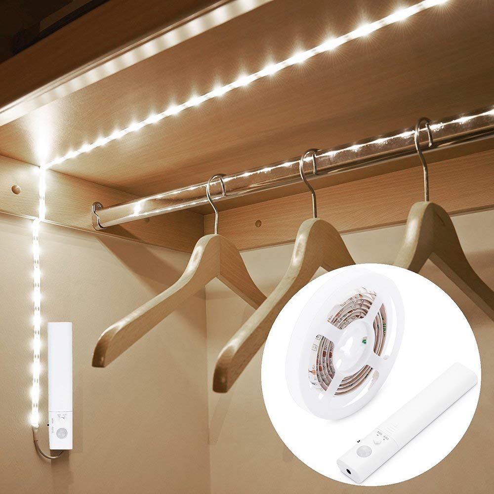 KUCAM Motion Sensor Wardrobe Light  2M LED Band Closet Lights  PIR Auto on/Off  Battery Powered 6000K White for Bedside  Bathroom  Closet  Cabinet  Kitchen  Stairway