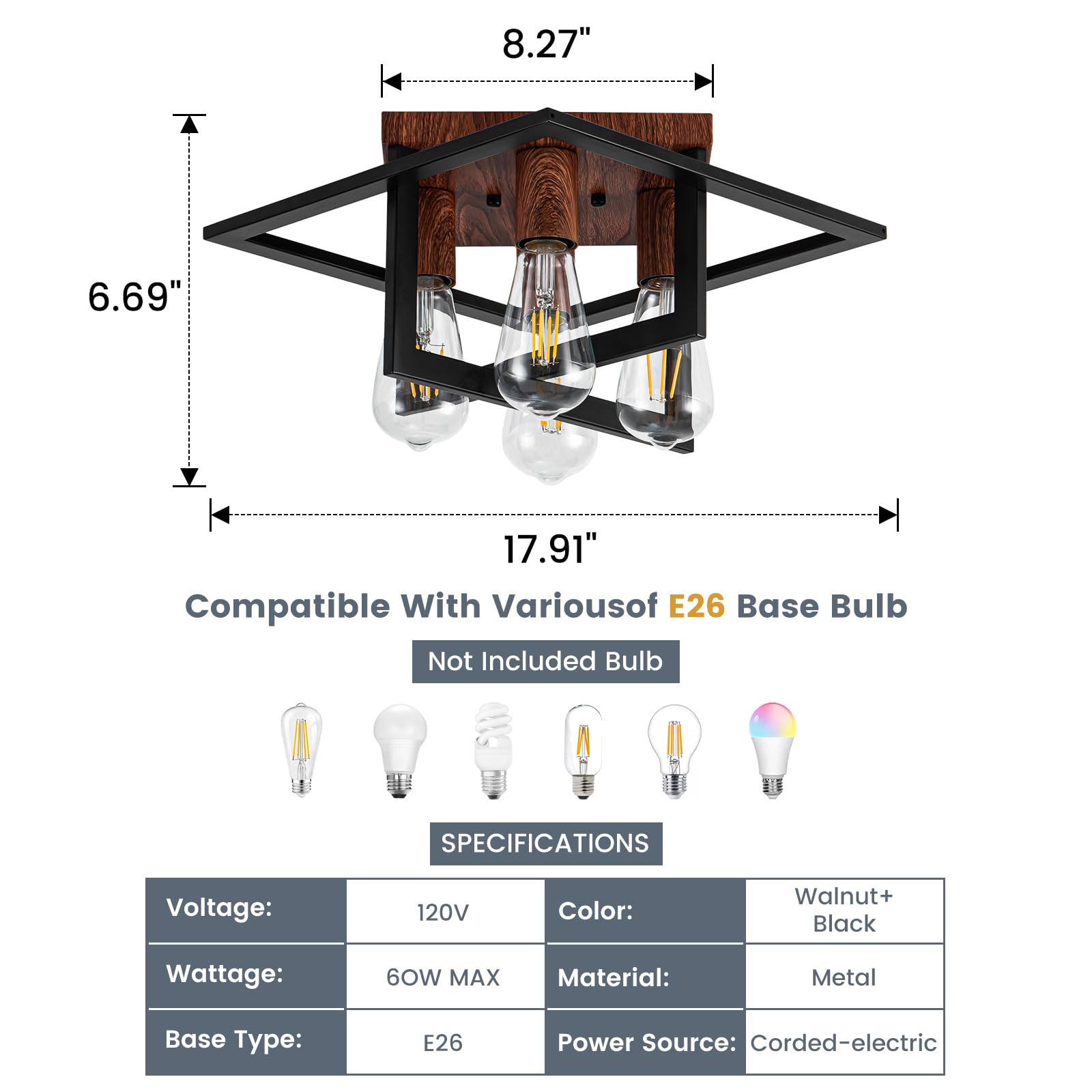 Fengkedu 4 Light Farmhouse Lighting Fixtures Ceiling Black Wood Industrial Flush Mount Ceiling Lamp Hallway Light Fixture Close