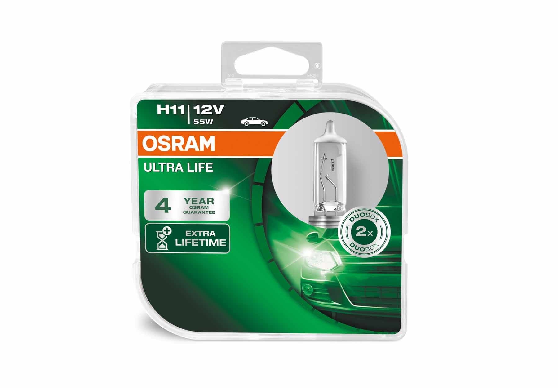 OSRAM ULTRA LIFE H11, halogen headlamp, 64211ULT-HCB, 12 V passenger car, duobox (2 units),Yellow, Duo Box